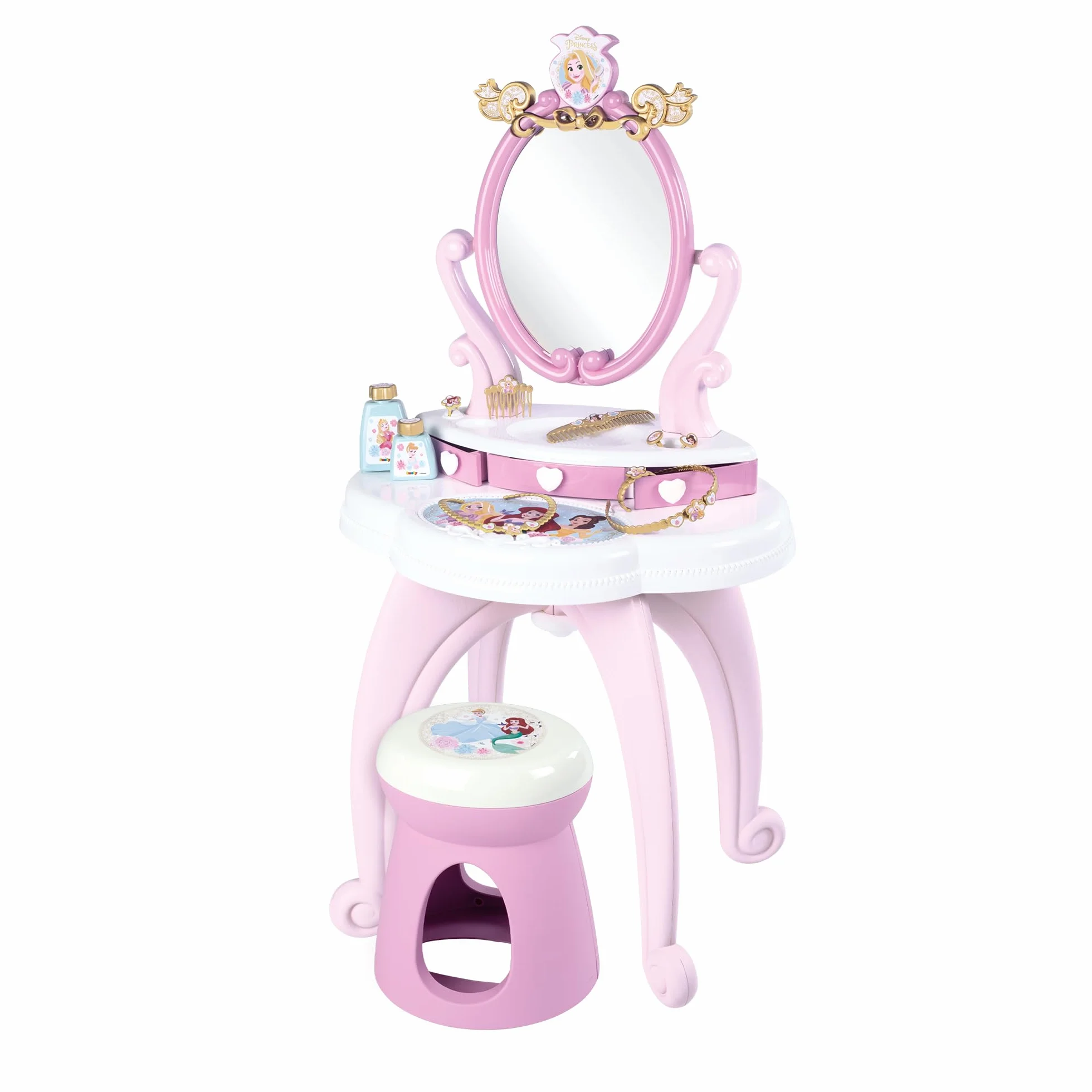 Simba Smoby -Tocador Infantil Princesas Disney- con Taburete, Incluye Espejo y Accesorios para Peinar, Convertible en Sobremesa, Juguete A Partir de 3 años (7600320250)