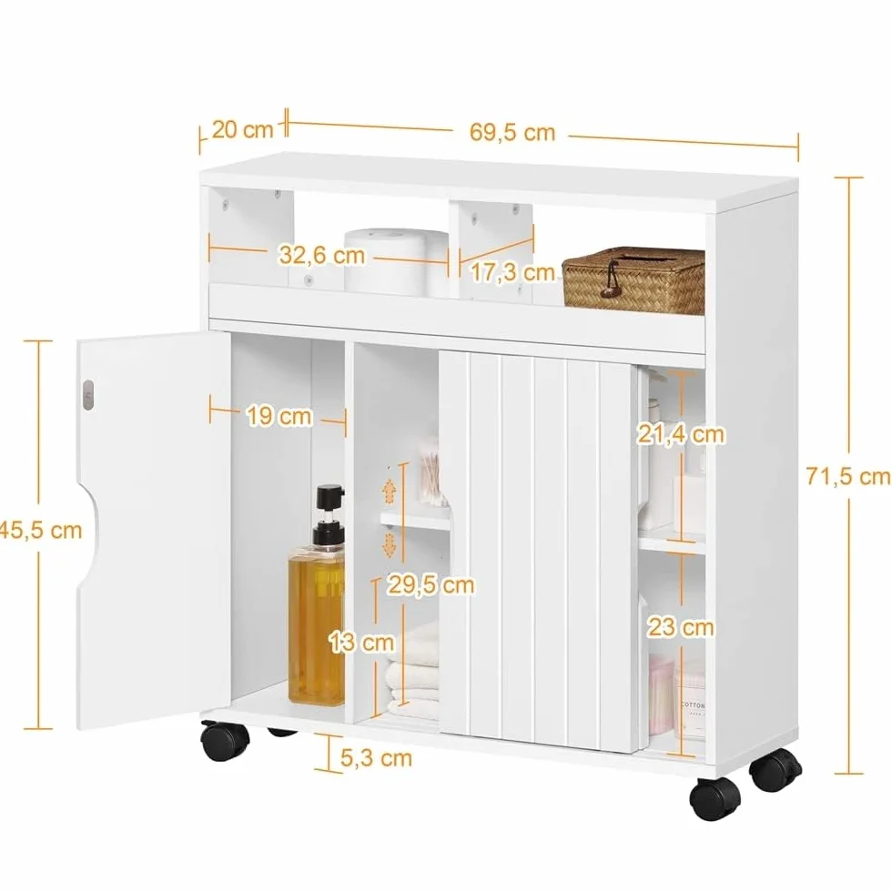 Yaheetech Mueble de Baño con Ruedas Armario de Suelo Estrecho con Puertas Correderas Mueble Cocina Auxiliar de Madera Lacada con Estantes para Espacio Estrecho 20 x 69.5 x 71.5 cm,Blanco