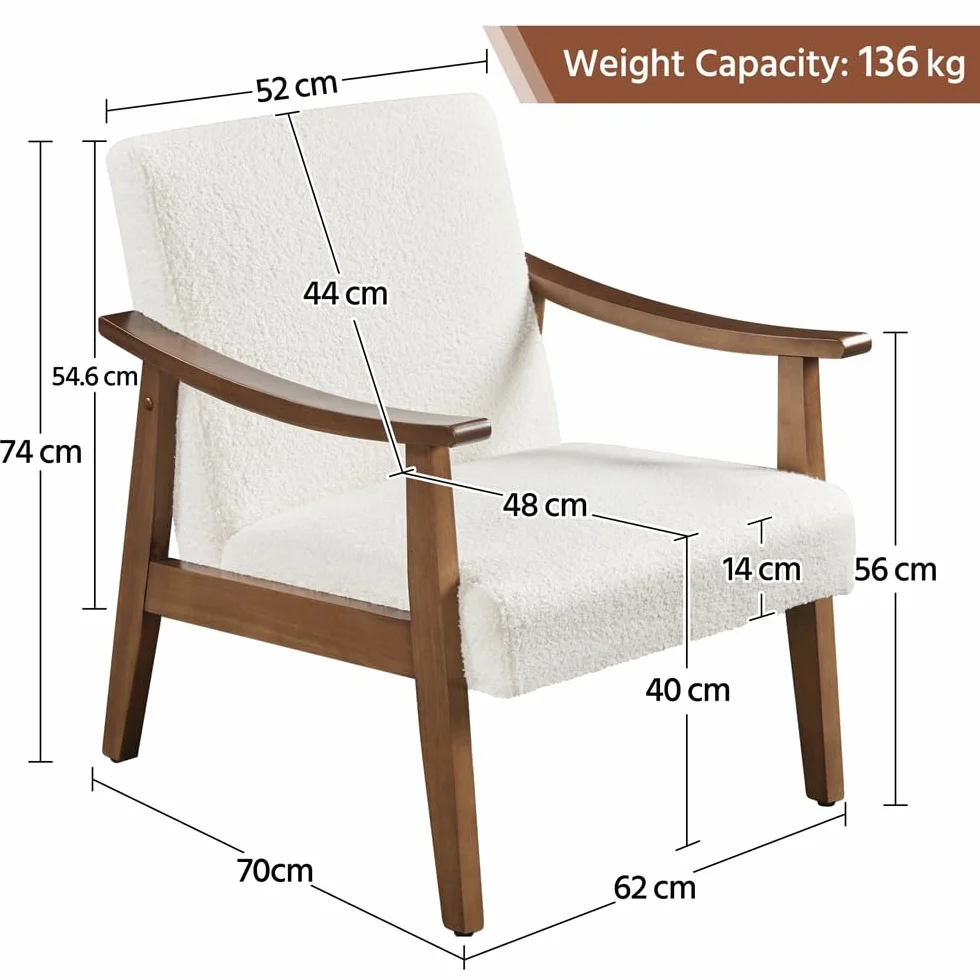 Yaheetech Butaca de Salón Tapizado en Bouclé Sillón Individual con Respaldo Acolchado y Reposabrazos de Madera Maciza Sofá Individual Ergonómico Soporte 136 kg Blanco