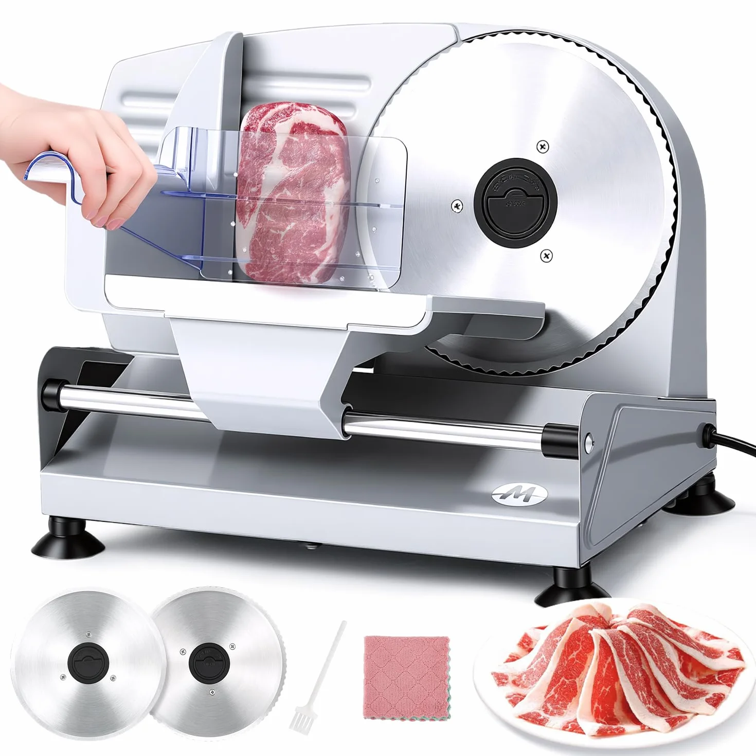 Moongiantgo Cortadora de Fiambre Casa Cortafiambres Eléctrico Profesional con 2x Cuchilla de Acero Inox Extraíble, Ø190mm, Regulador de Grosor 0-15mm, para Pan/Corte Jamon/Carne/Queso/Embutido (200W)