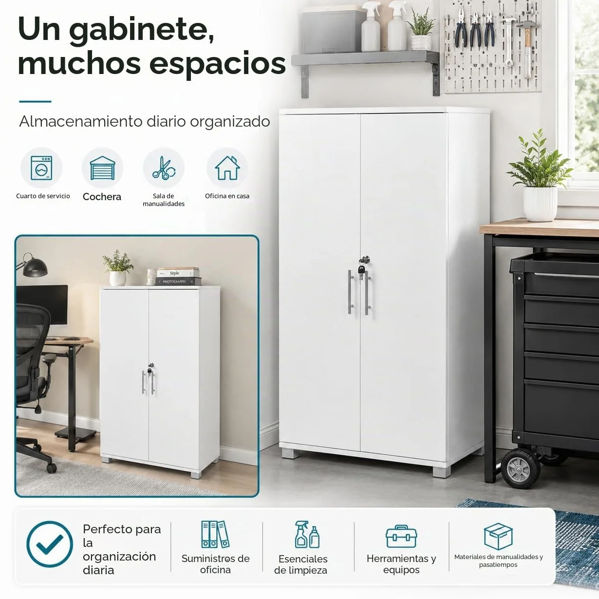 MMT - Armario de Almacenamiento de Oficina, Madera Blanca, 120 cm de Alto, con Cerradura, para Oficina, Garaje, Utilidad.