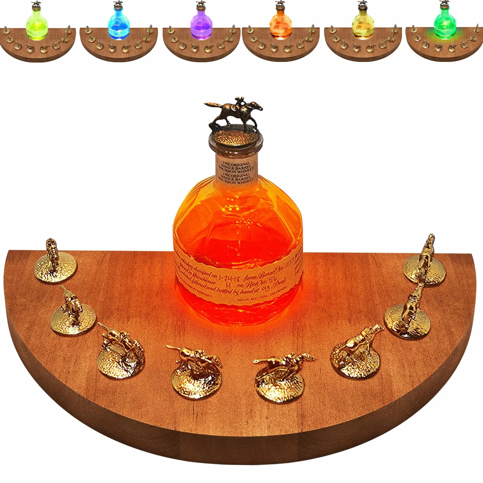 Blantons - Expositor de tapón bourbon, 8 agujeros de corcho, madera maciza, forma de media luna | Compatible con tapones de corcho Blantons Horse, luz dinámica de 7 colores, pantalla de botella Blanton, no incluye corcho