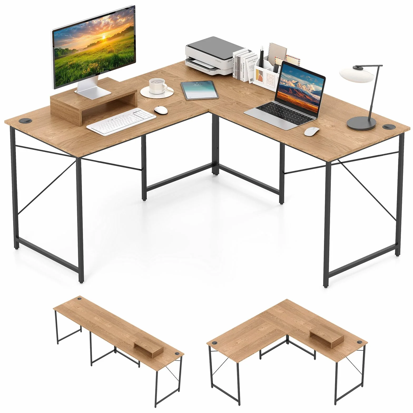 COSTWAY Escritorio de Ordenador en Forma de L, 3 Orificios para Cables, Estante Extra, 2 Formas, Mesa de Trabajo de 2 Personas，Mesa Escritorio Esquina Gaming, 240x60x74,5cm (Natural)