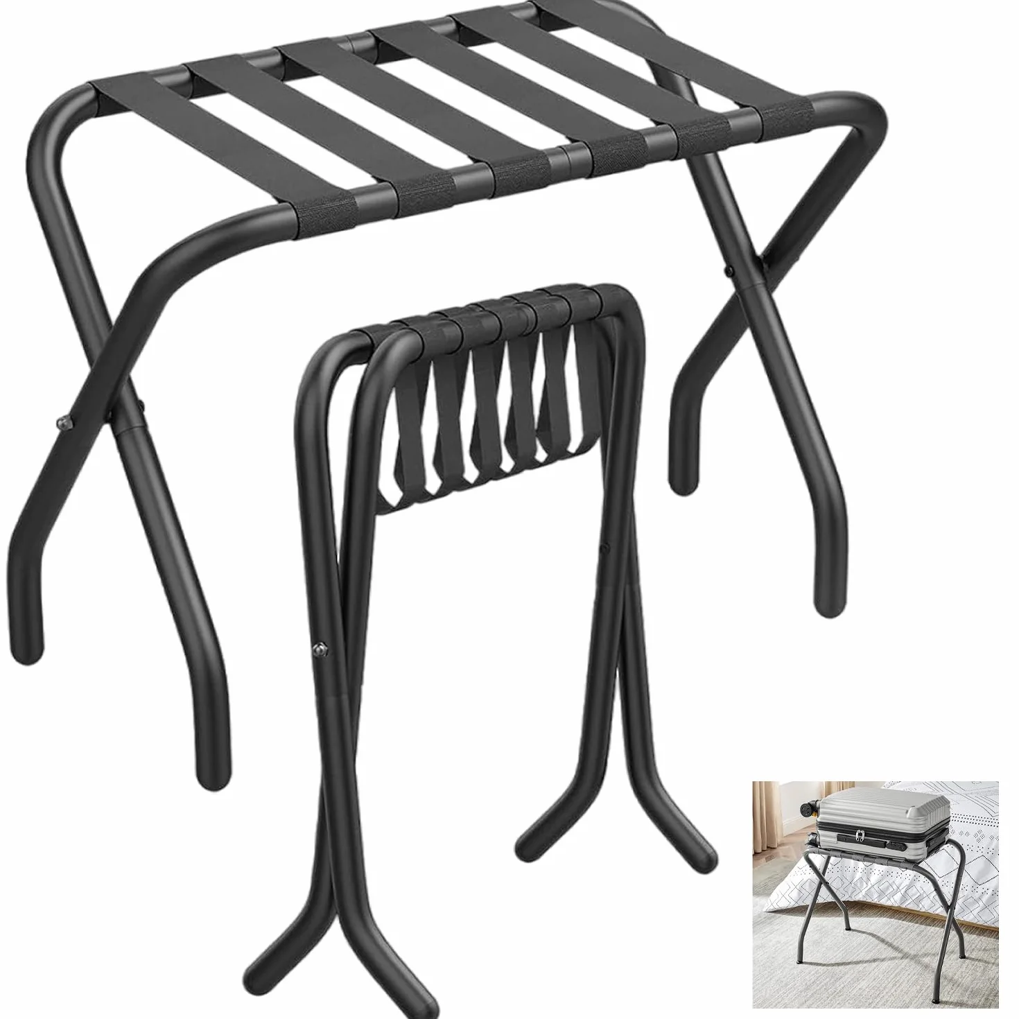 Soporte plegable para maletas, juego de 2 unidades en negro, 68 x 38 x 50 cm, solución organizativa para tus maletas, bandeja y almacenamiento perfectamente resuelto para uso doméstico y de