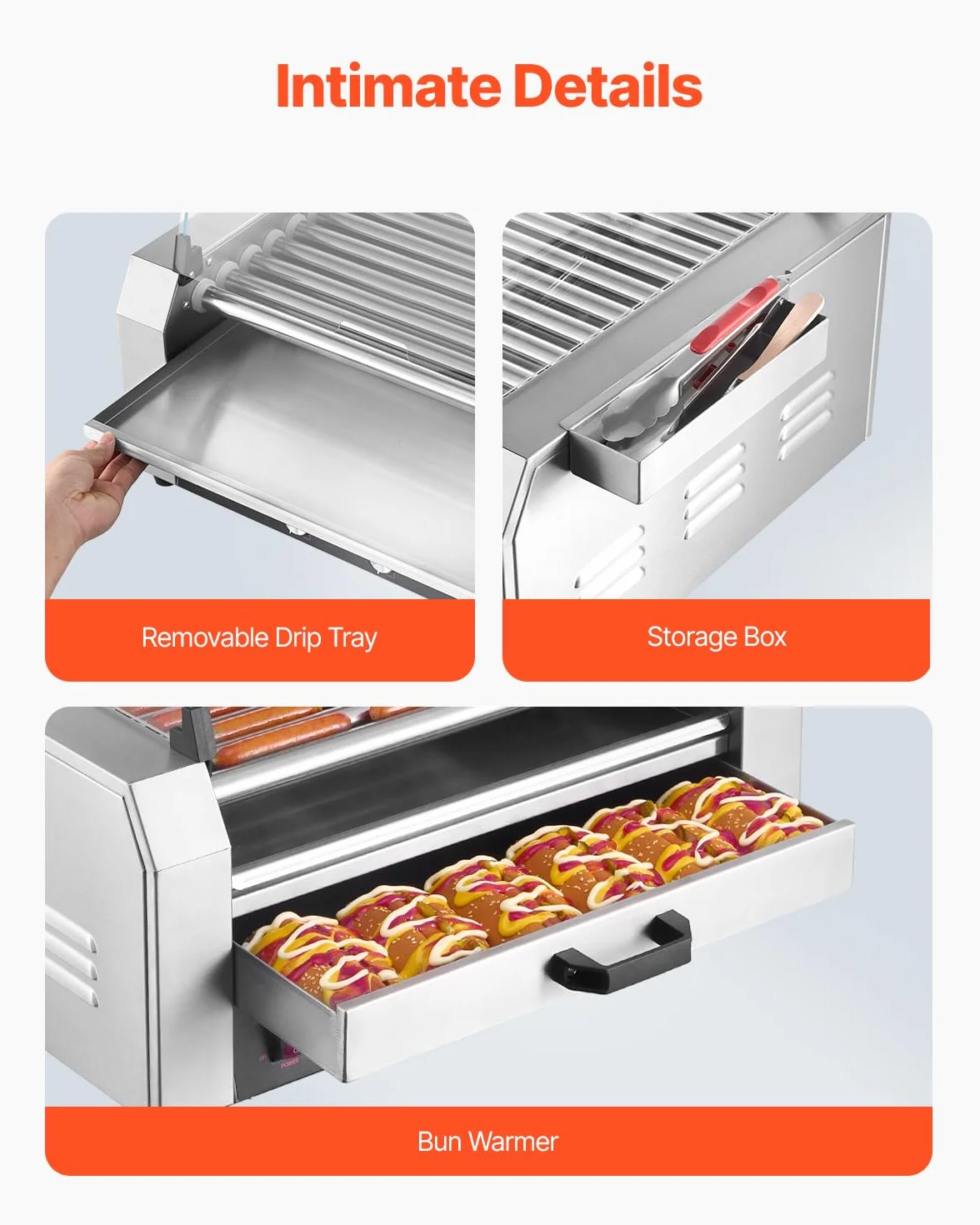 VEVOR Parrilla de Acero Inoxidable para Perros Calientes de 2400 W con Calentador de Panecillos, Cubierta, Control de 3 Temperaturas, Caja de Almacenamiento Lateral, 11 Rodillos, 5 r/min, Plata