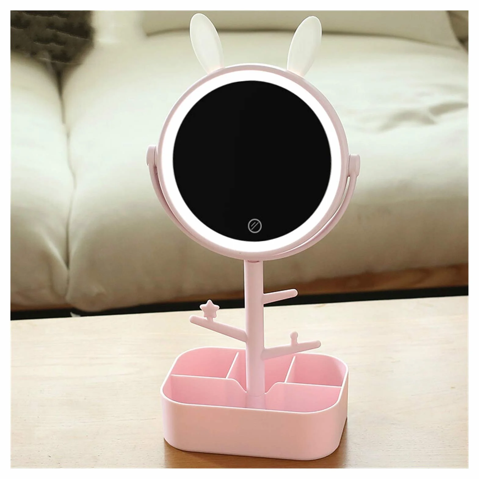 Espejo de maquillaje de escritorio, espejo giratorio con luz LED, espejo de aumento, espejo de maquillaje para mujer, luz de maquillaje con caja de almacenamiento, espejo de maquillaje