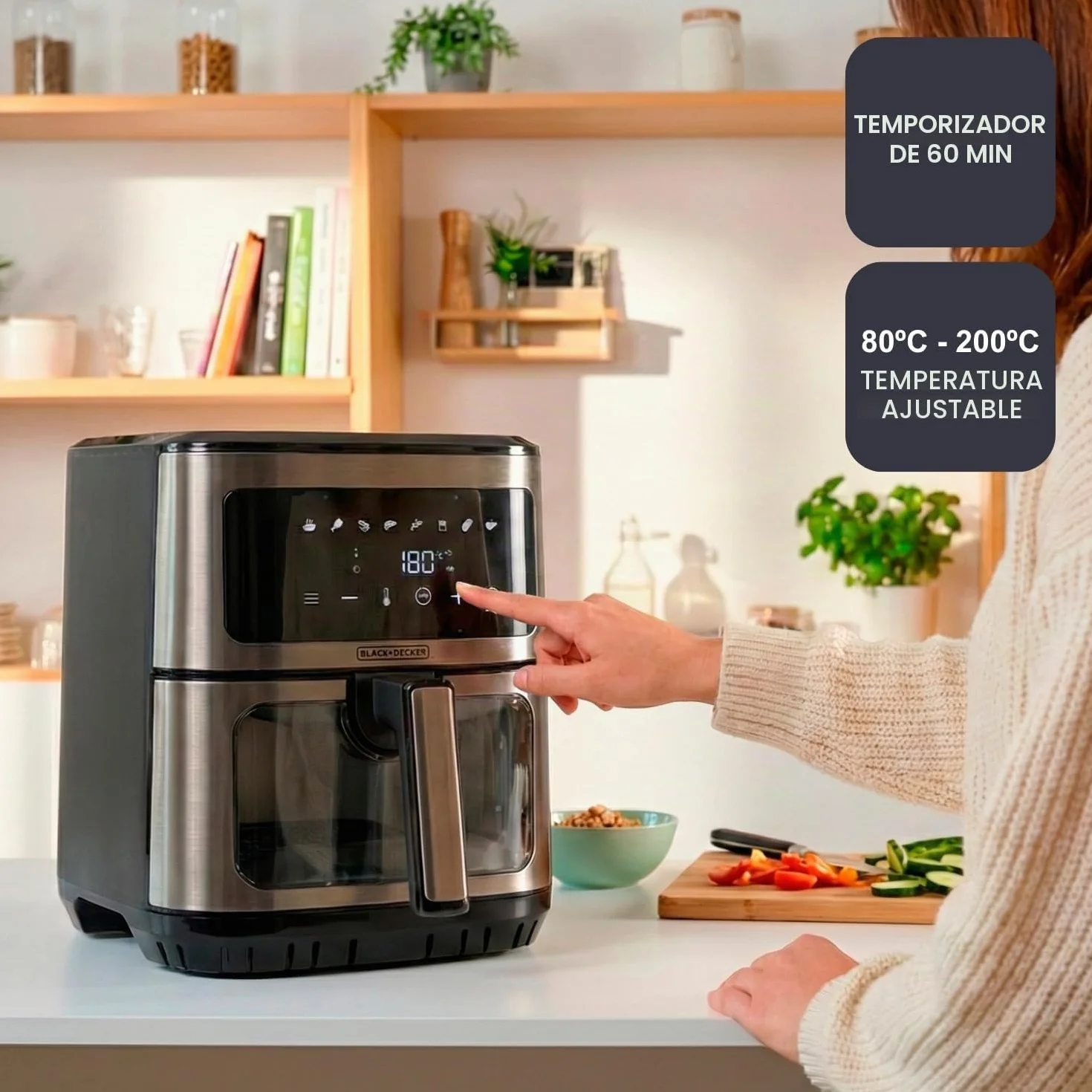 BLACK+DECKER - Freidora de Aire 6,5L, 1600W, 8 Programas, Pantalla Táctil