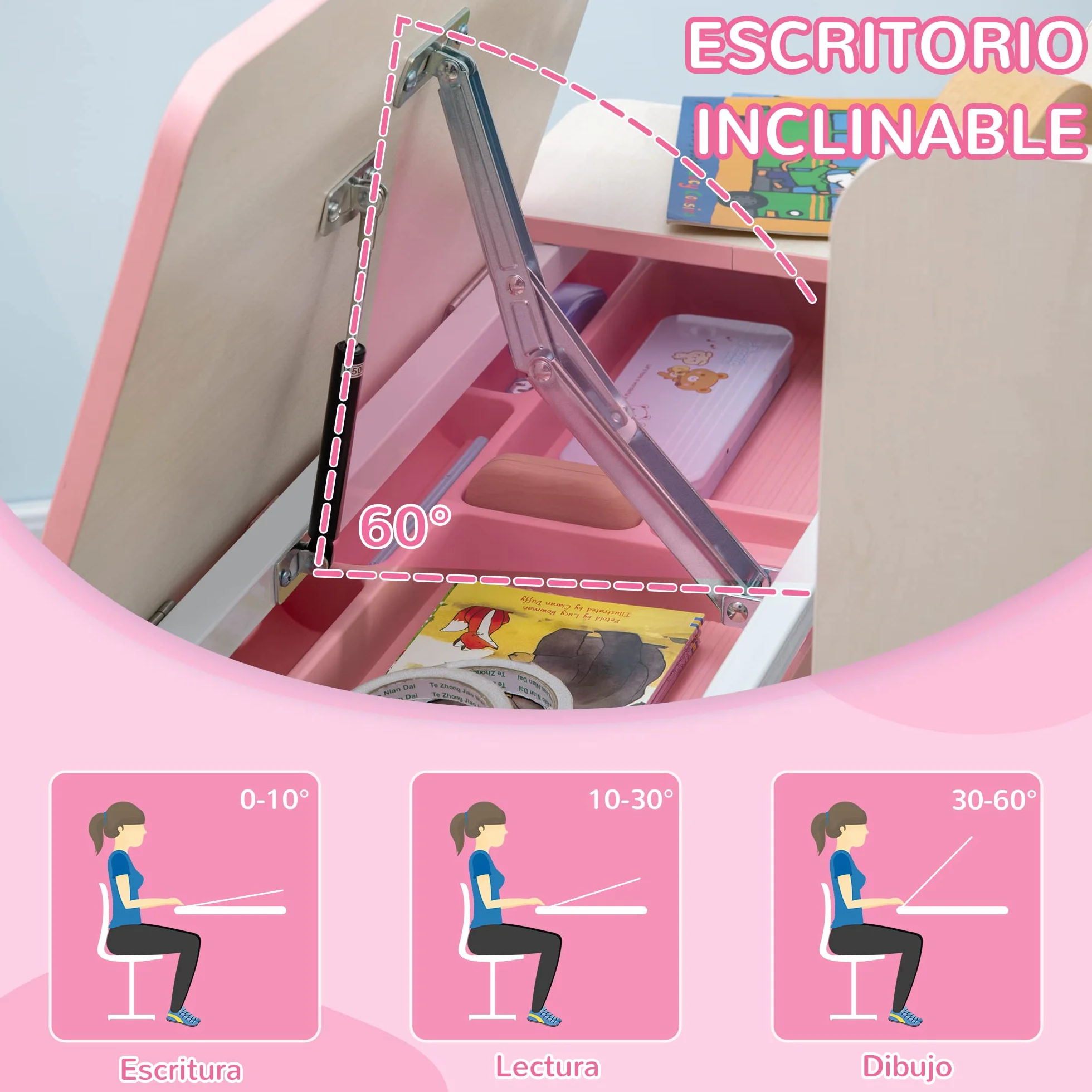 HOMCOM Escritorio y Silla para Niños +3 Años Altura Ajustable Mesa Inclinable Cajón Estantería 80x52x88-109 cm Rosa