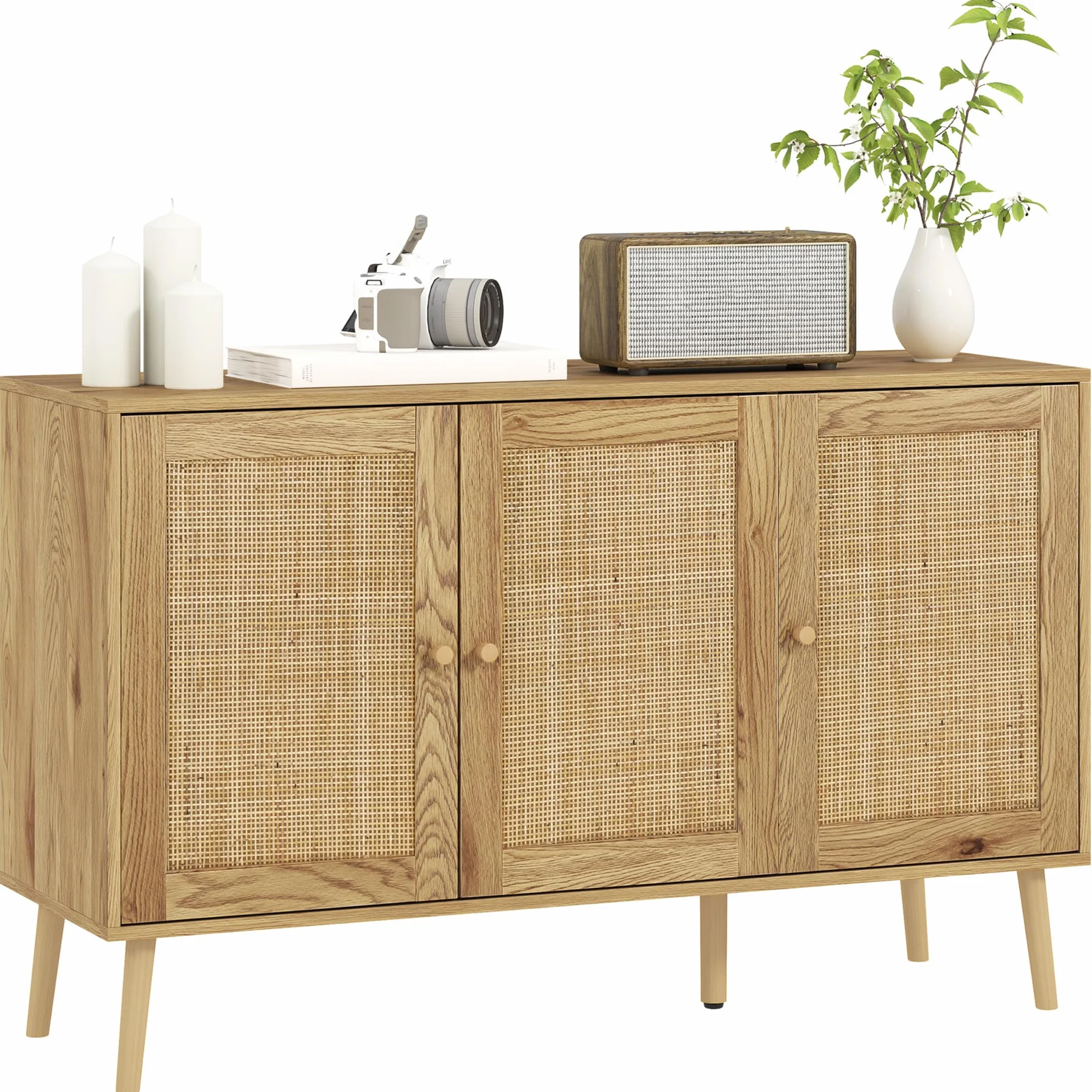HOMCOM Aparador con 3 Puertas de Ratán, Estantes Ajustables, Madera Natural, 120x40x75 cm