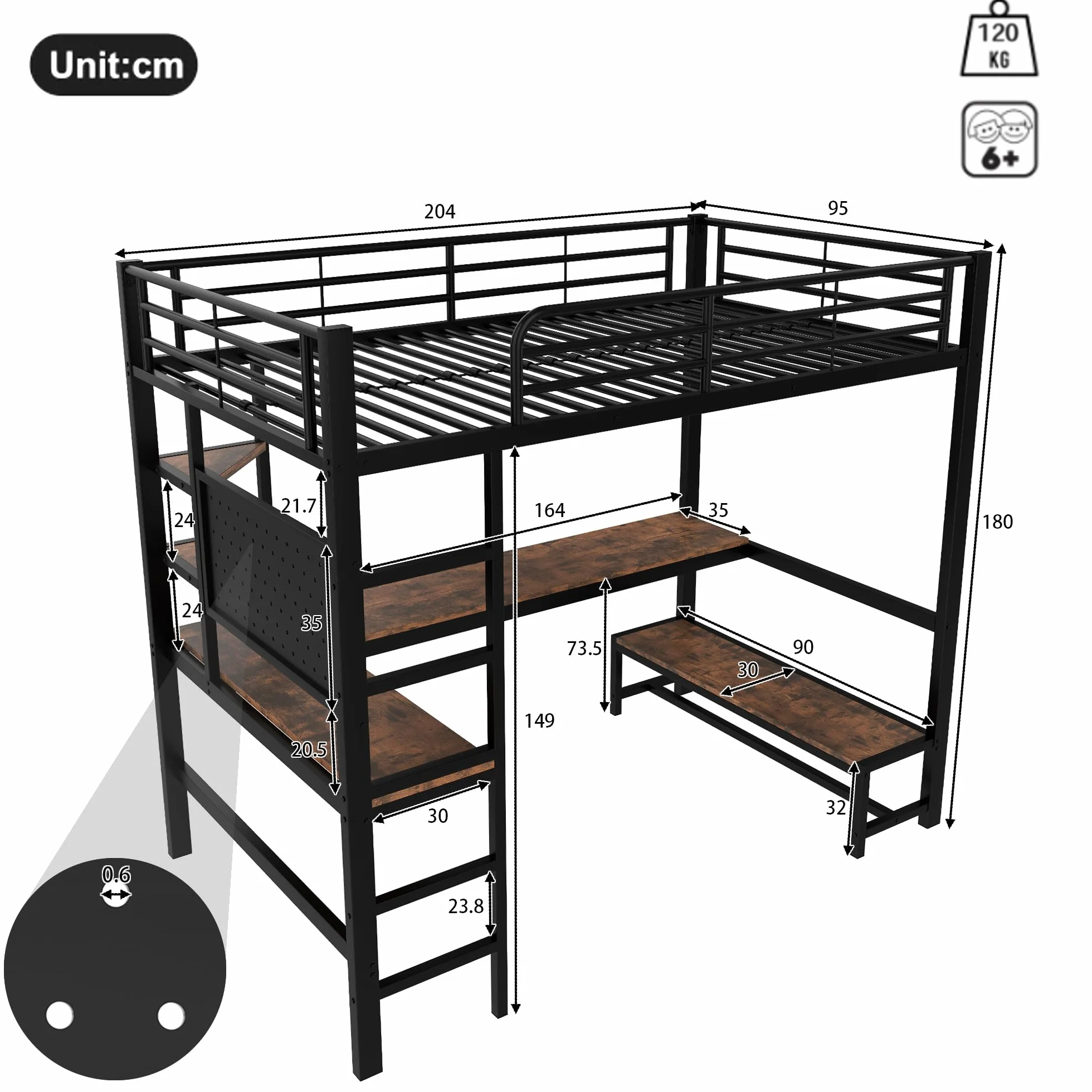 Moimhear Cama alta, marco de hierro, escritorio, barandilla, escalera de tijera, varios estantes, con USB+Type-c, con barra LED, con tabla perforada, sin colchón (negro, 90 x 200 cm)
