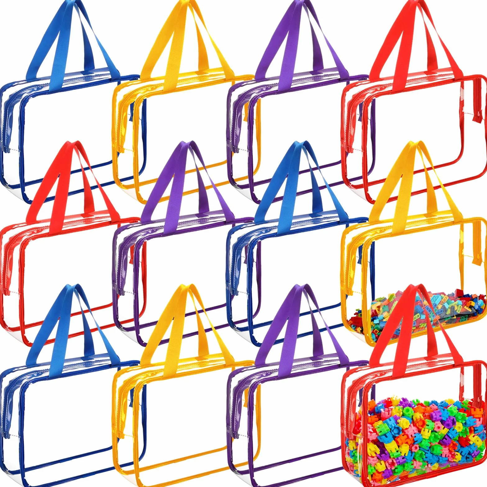 12 bolsas grandes de almacenamiento de juguetes de PVC transparentes con cremallera, bolsas de juguetes impermeables para bloques de construcción, rompecabezas y libros infantiles (color