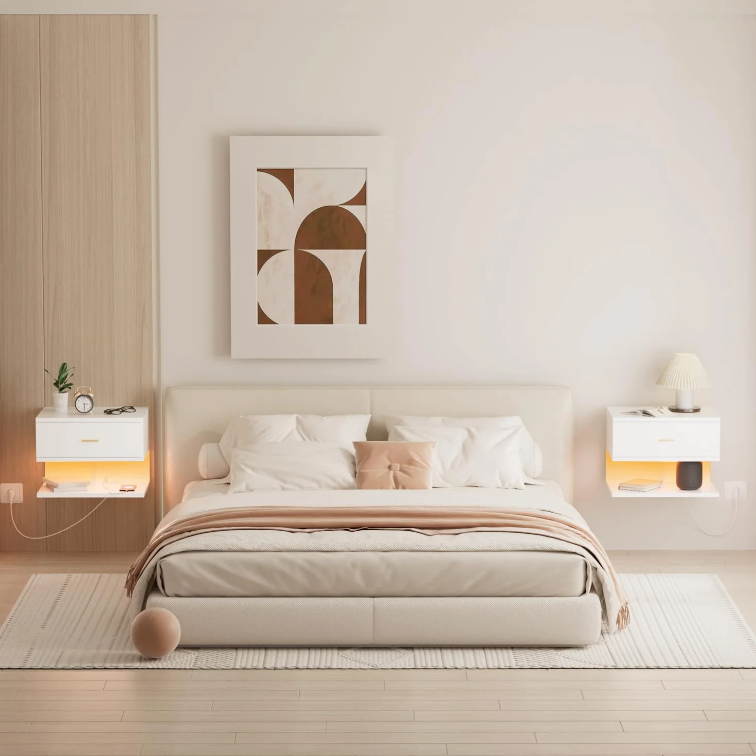 Juego de 2 Mesitas de Noche Flotante Mesilla de Noche con Enchufe y Tira de luz RGB Mesita de Noche Suspendida con 1 Cajón y 2 Compartimento para Dormitorios, Salones, Bianco