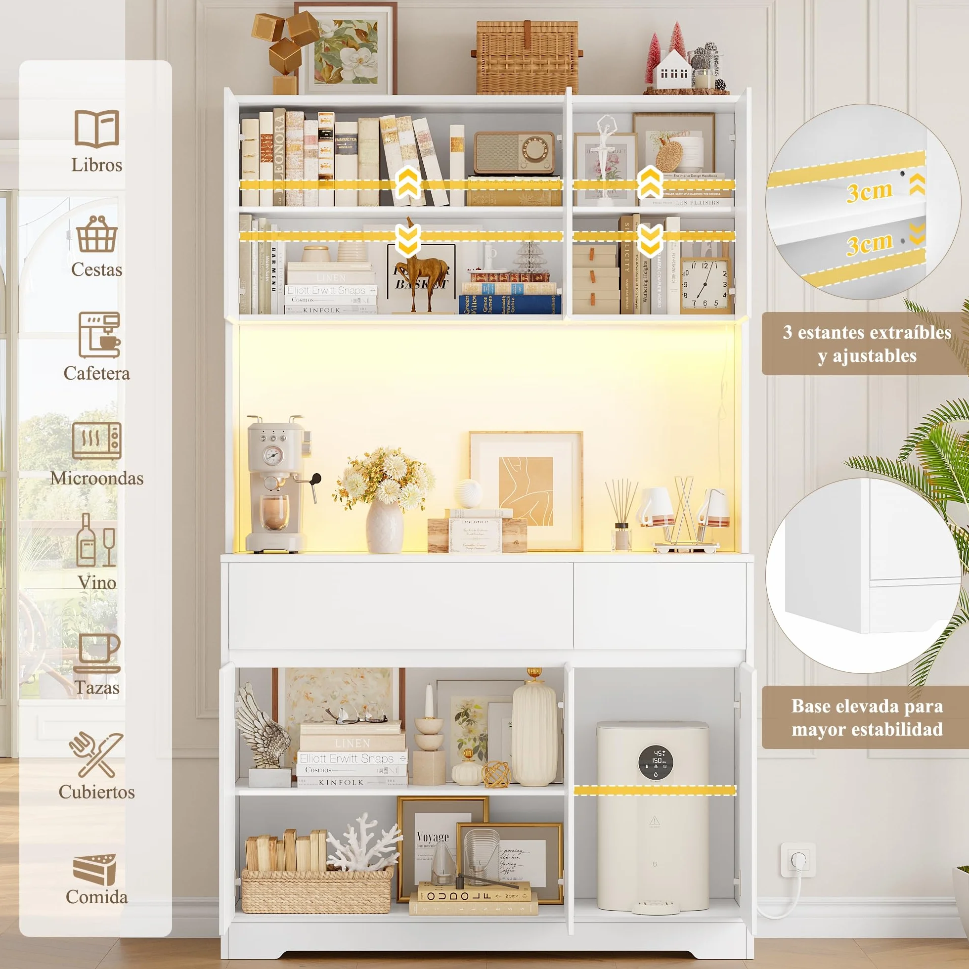 FirFurd Alacena Cocina Grande, Muebles de Cocina, Armario Cocinas Almacenaje, Mueble Almacenaje con Iluminacion LED, Regleta, Encimera para Microondas, 2 Cajones, 6 Puertas, Blanco 100x38.5x180cm
