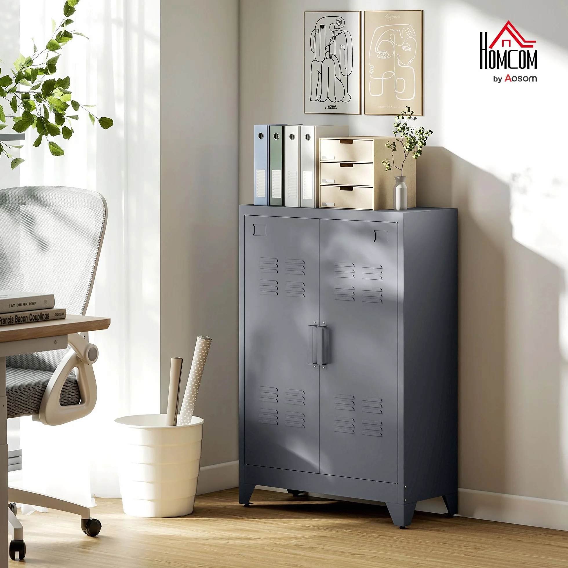 HOMCOM Armario de Almacenamiento Aparador de Metal con Doble Puerta Cierre Magnético y 2 Estantes Ajustables para Oficina Salón Dormitorio 75x33x110 cm Gris