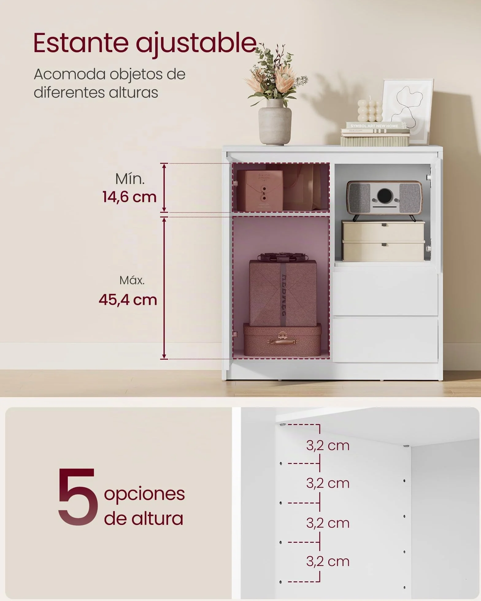 VASAGLE KAILYN Aparador Armario Almacenamiento con Puerta Estante Ajustable 2 Cajones 40 x 70 x 74.5 cm Blanco Nube