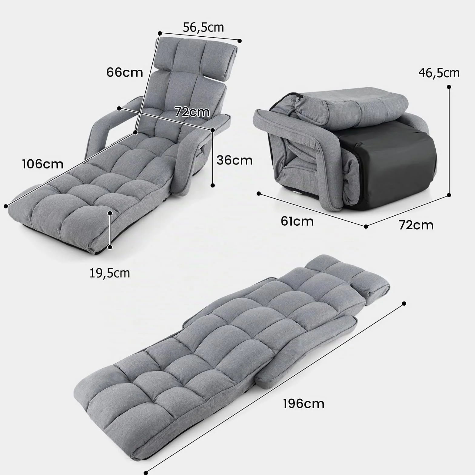 GOPLUS Sillón Relax Reclinable en 6 Posiciones, Sillla Suelo Plegable con Cojín Acolchado, Sofá Orejero Individual para Lectura y Gamer en Dormitorio,196 x 72 x 19.5 cm, Gris (Gris Oscuro)