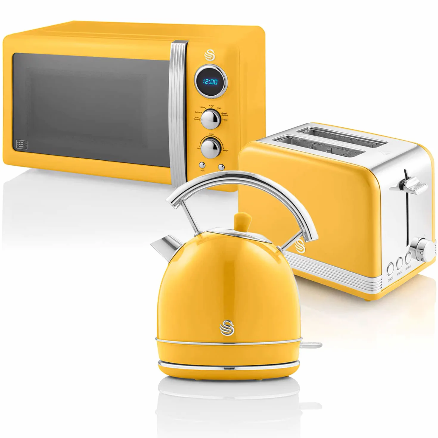 Swan Retro Set Desayuno Hervidor de Agua 1,8 L, Tostadora Pan Ranura Ancha 2 Rebanadas, Microondas Digital 20L, 6 Niveles de Potencia,Temporizador, Puerta Espejo, Diseño Vintage, Amarillo, Talla Única