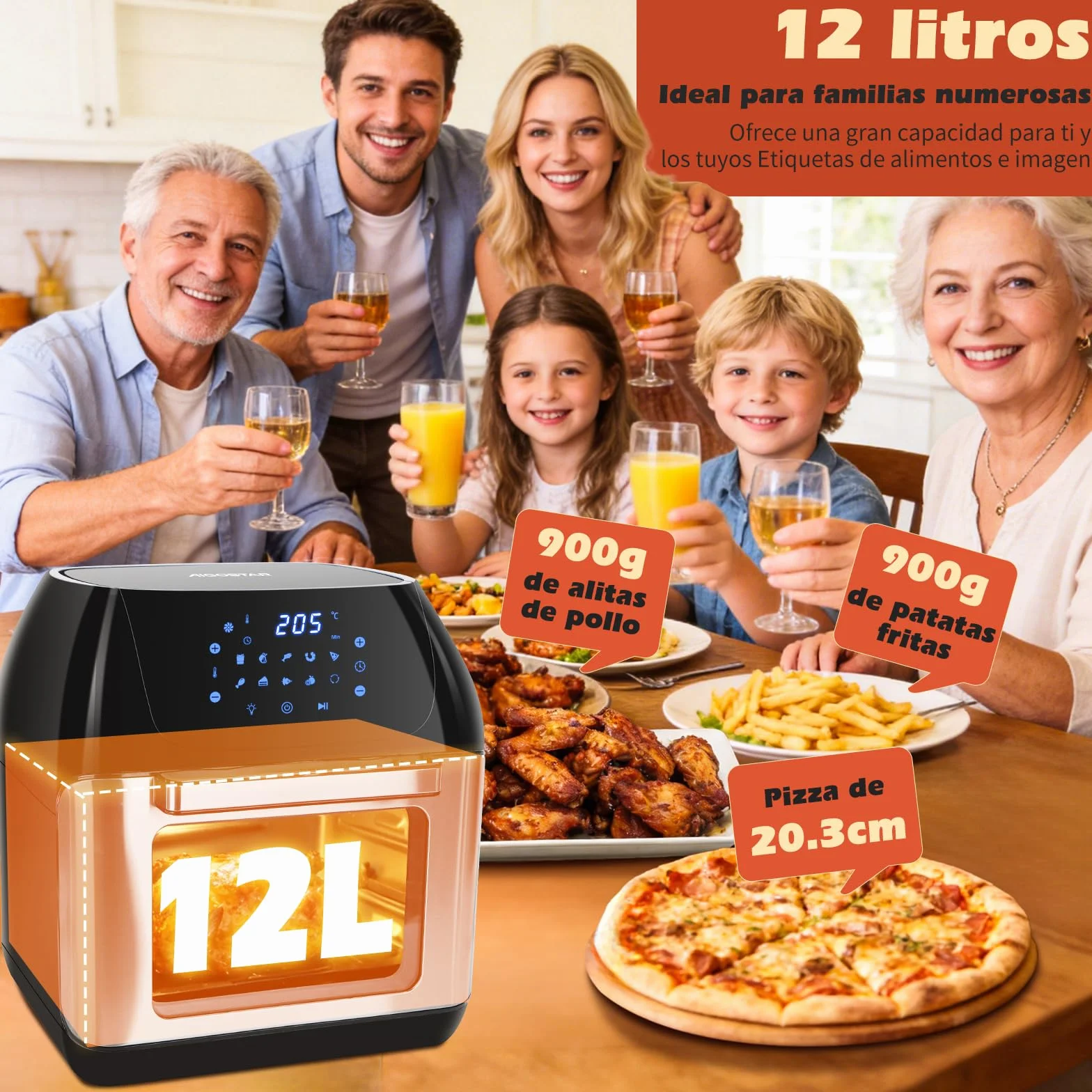 Aigostar Freidora Aire 12L con Sistema giratorio, Horno de Aire 1500W, 9 Programas y Pantalla LED Táctil, Air Fryer de Acero Inoxidable con Ventana Visualización, Accesorios Incluidos, Deshidratador