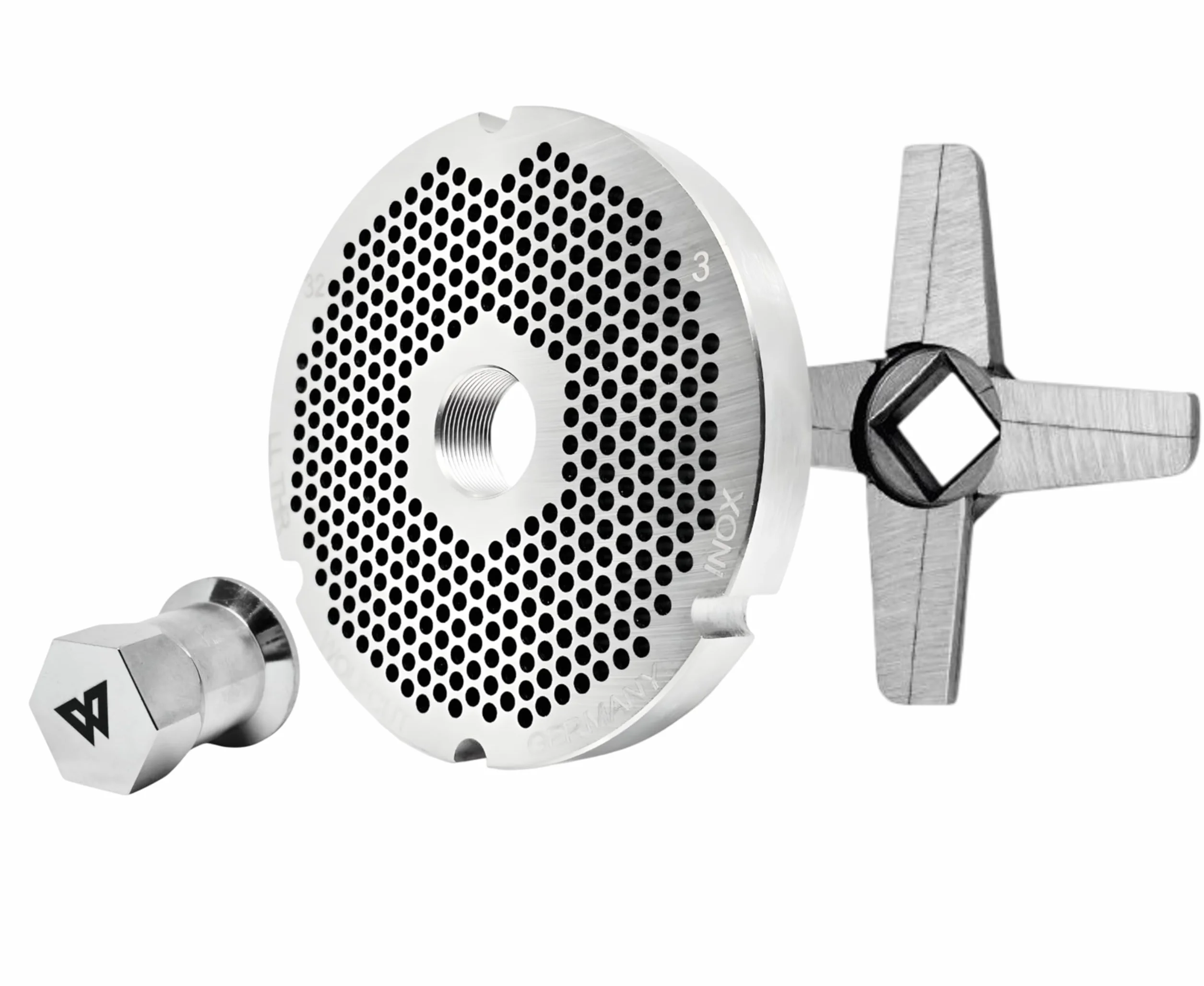 Wolfcut Inox Longlife - Juego de cuchillas para picadora de carne (4 ranuras y rosca de 3,0 mm, incluye un cuchillo en cruz Longlife y tapa atornillable compatible con todas las marcas de picadora de
