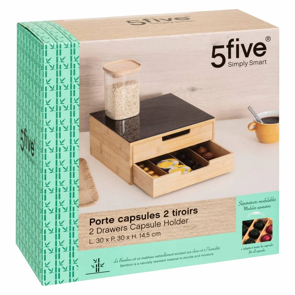 Soporte para cápsulas de bambú negro 30x30x14,5 cm 2 cajones divisores ajustables