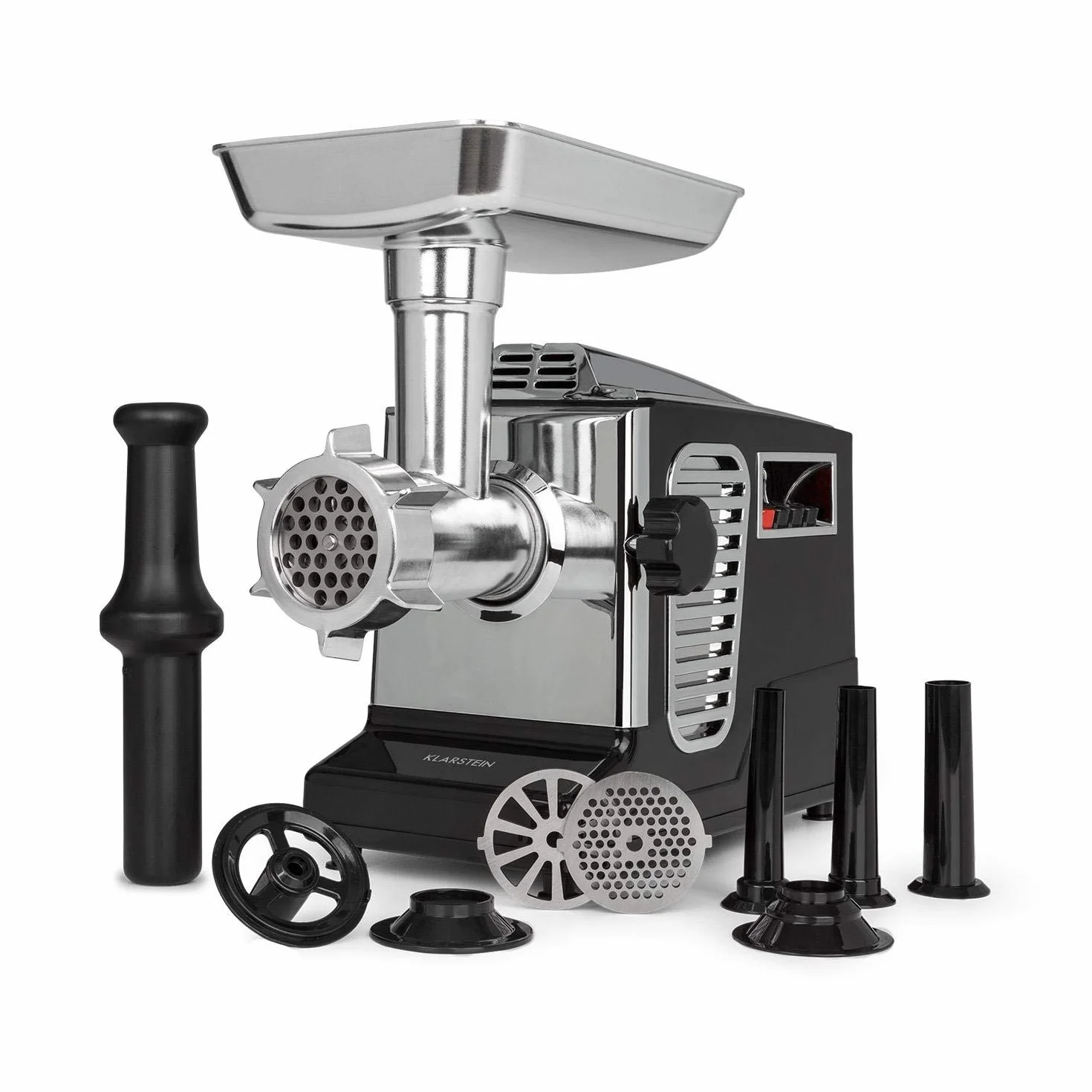 Klarstein Kraftprotz Picadora - Picadora de carne eléctrica, 700 W de potencia, 2 velocidades, Marcha atrás, Cuchilla de acero inoxidable, Gran bandeja de aluminio, Set de accesorios, Negro