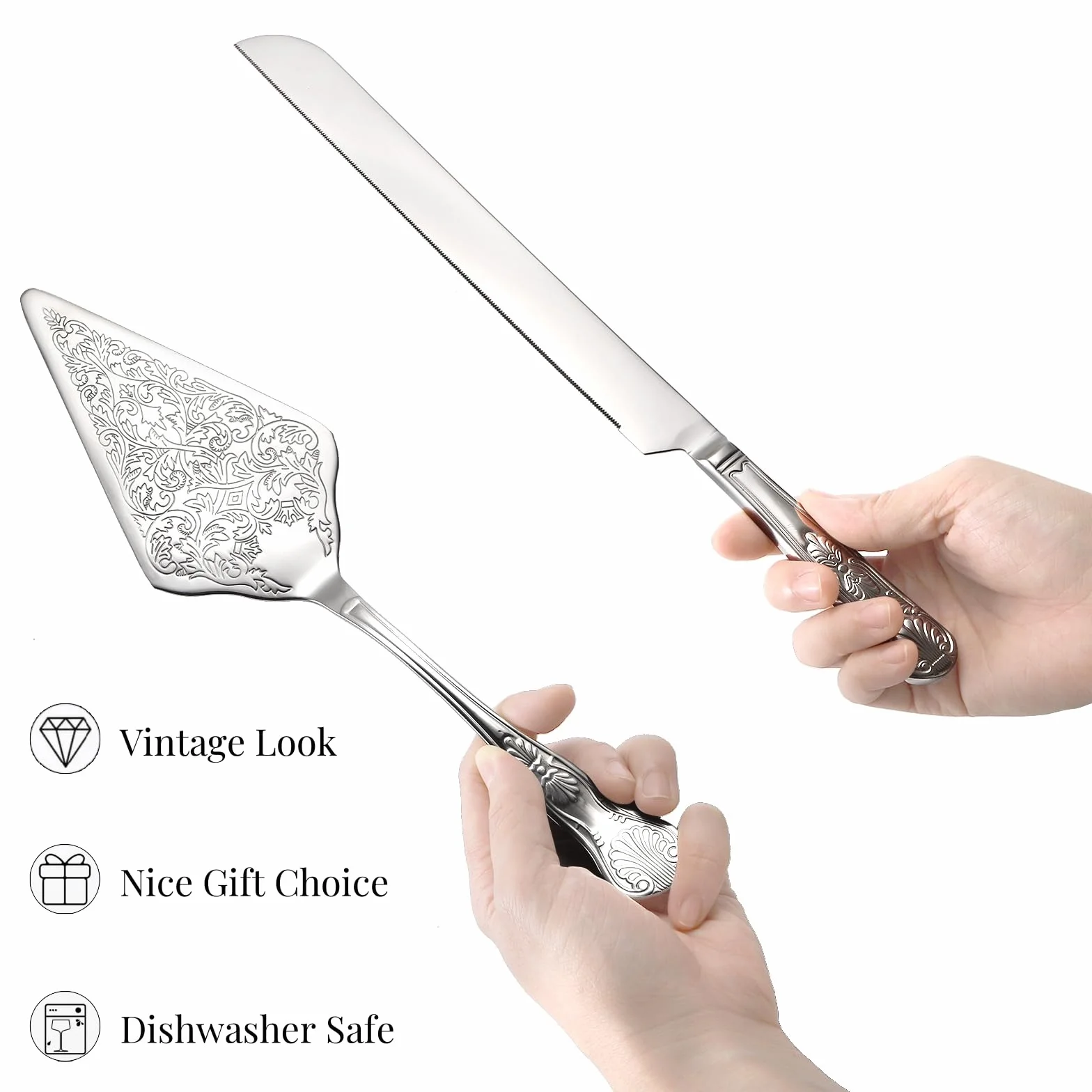 Juego de cuchillo y servidor para tartas de boda, juego de corte de pastel de boda plateado, cortador de pastel grabado de acero inoxidable para boda, compromiso, cumpleaños, aniversario,