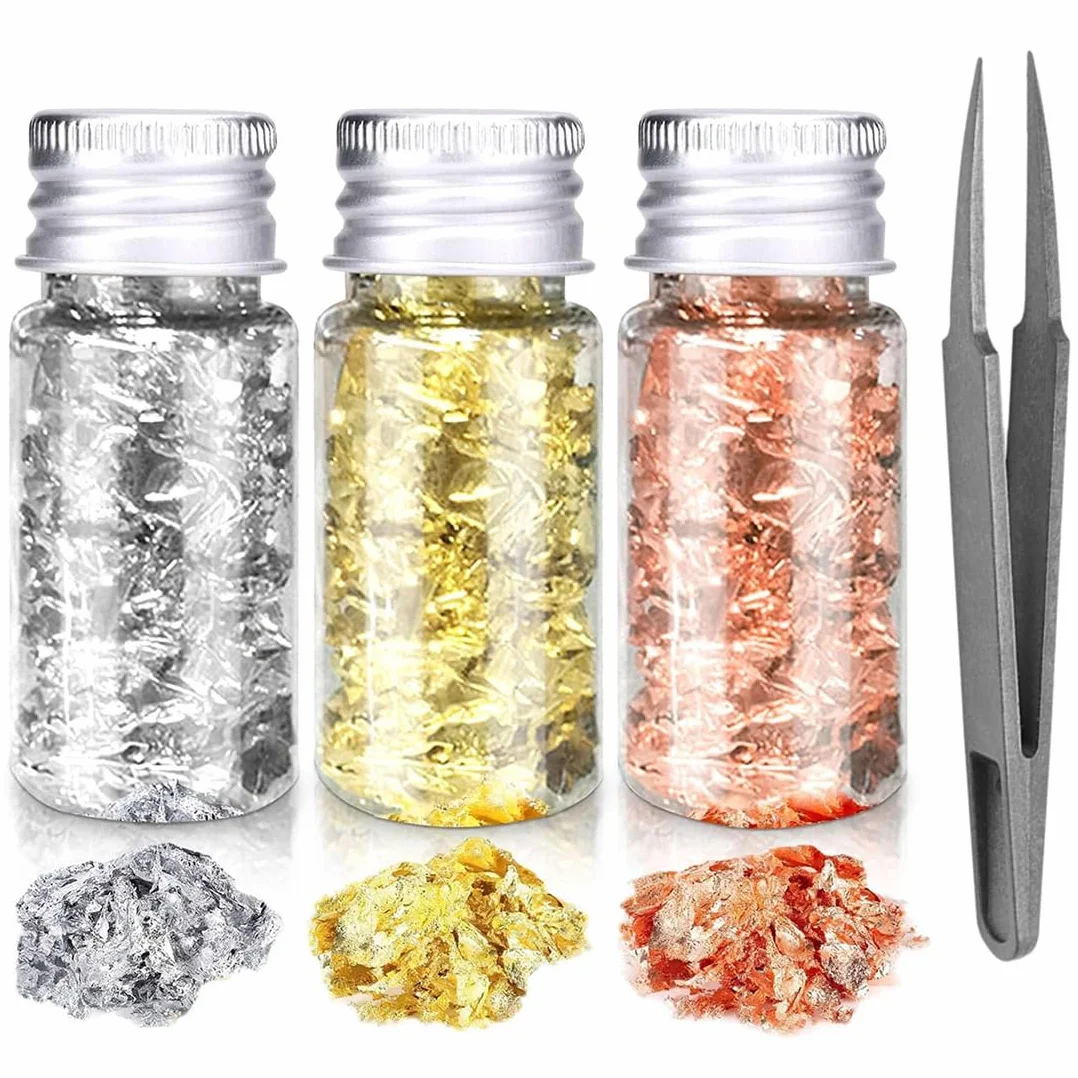 Oro Lámina Decorativa 3 Piezas con Pinza y Copos para Manualidades