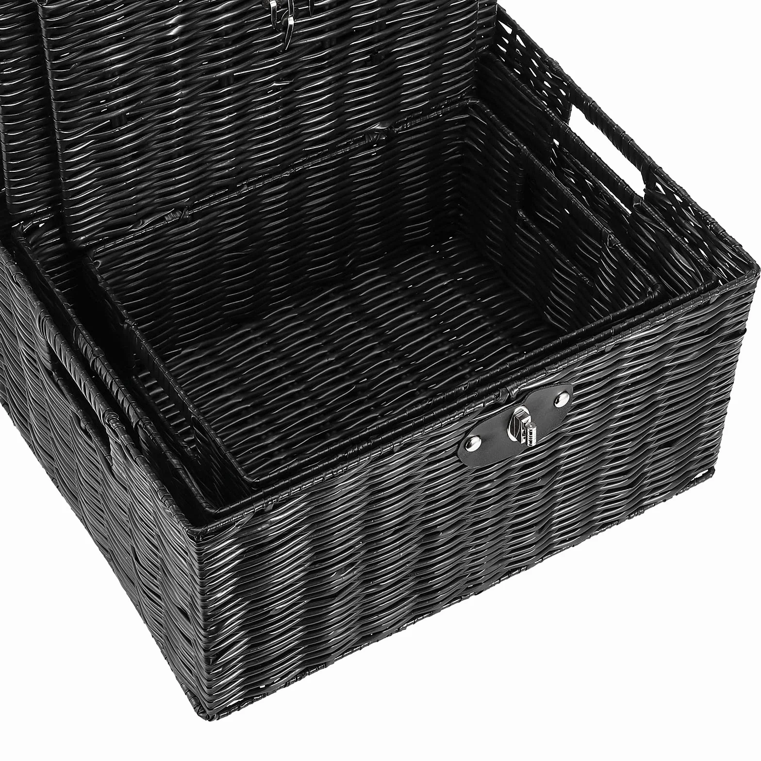 HAKZEON - Cesta Almacenaje, Juego de 3 Negro Cestas Organizadoras de Mimbre con Tapa y Cerradura, Cestas Apilables Tejidas a mano, Cesta para Almacenamiento de Baño, Dormitorio