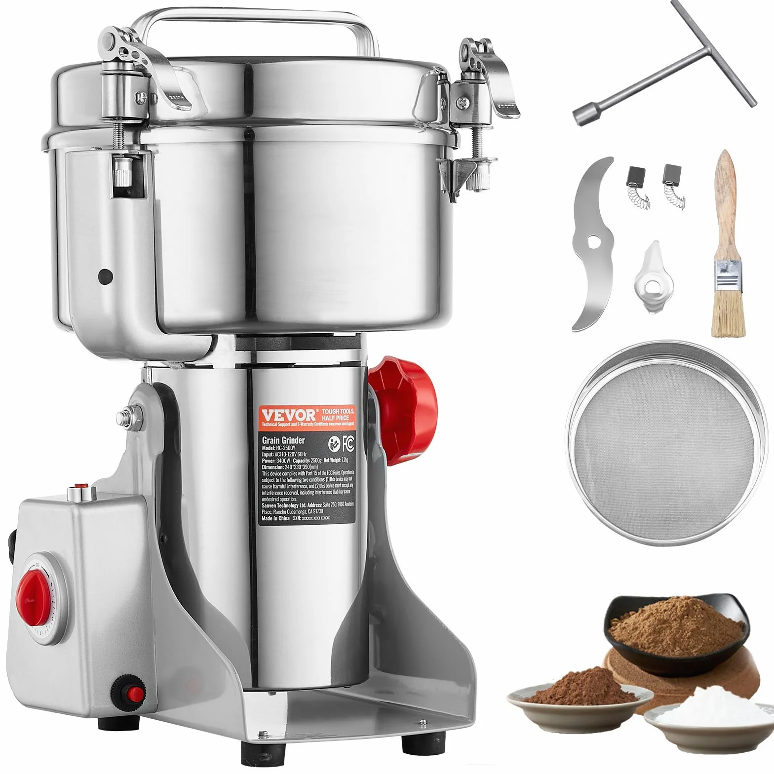 VEVOR Molinillo de Especias Comercial Capacidad de 2500 g Molinillo de Cereales Eléctrico 3400 W Molinillo de Alta Velocidad 32000 rpm para Granos Secos Especias Cereales Café Maíz Pimienta