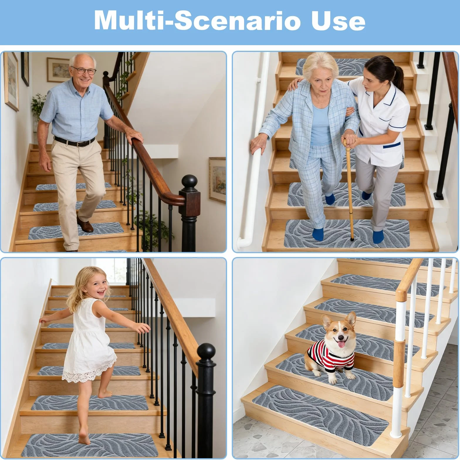 15 alfombrillas para escalones, 76 cm x 20 cm, autoadhesivas, para peldaños de madera, 100% poliéster TPE, para niños, ancianos y mascotas (gris claro)