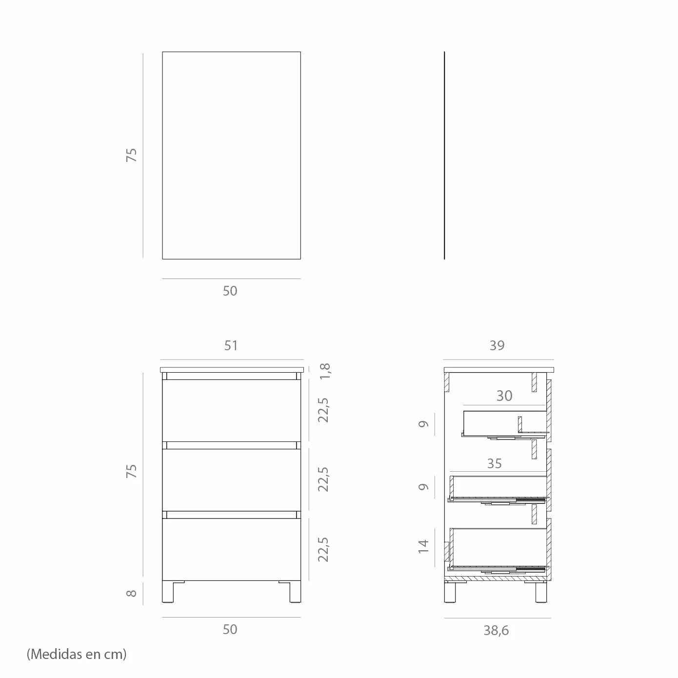 Baikal Mueble de Baño suspendido 50cm Ceniza con Lavabo y Espejo 3 Cajones