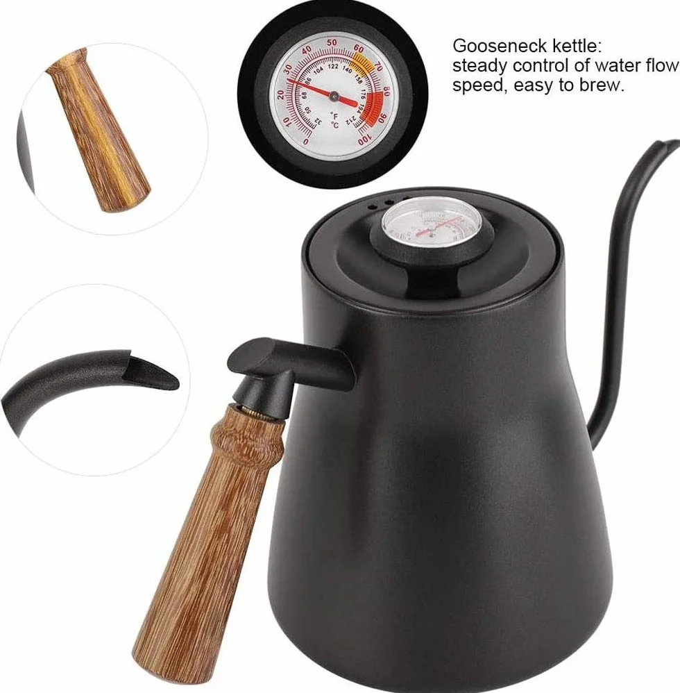 POEFT Tetera de café de 850 ml con termómetro integrado, de acero inoxidable, cuello de cisne, cafetera larga y estrecha con mango ergonómico de madera aislado