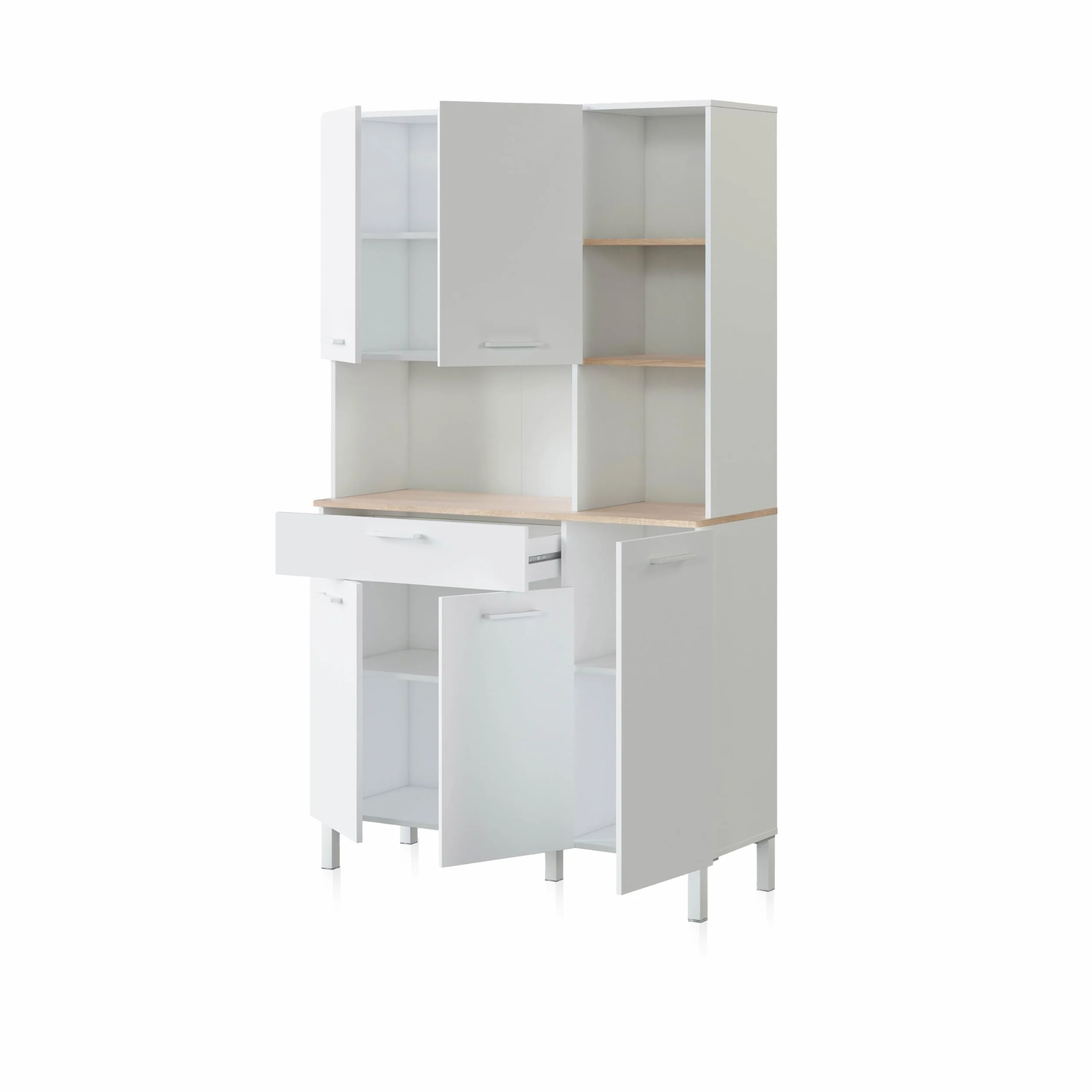 duehome | Alacena de Cocina, Mueble Auxiliar 5 Puertas + 1 Cajon y Estante Interior, Modelo Colin, Acabado en Blanco Artik y Roble Canadian, Medidas: 108 cm (Ancho) x 186 cm (Alto) x 40 cm (Fondo)