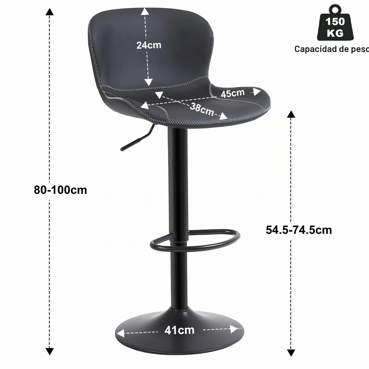 Youhauchair Taburetes Altos de Cocina Juego de 2, Taburete de Bar Regulable en Altura en Cuero PU, Taburete Alto con Respaldo y Reposapiés, Taburete Cocina Giratorio, Moderno, Negro
