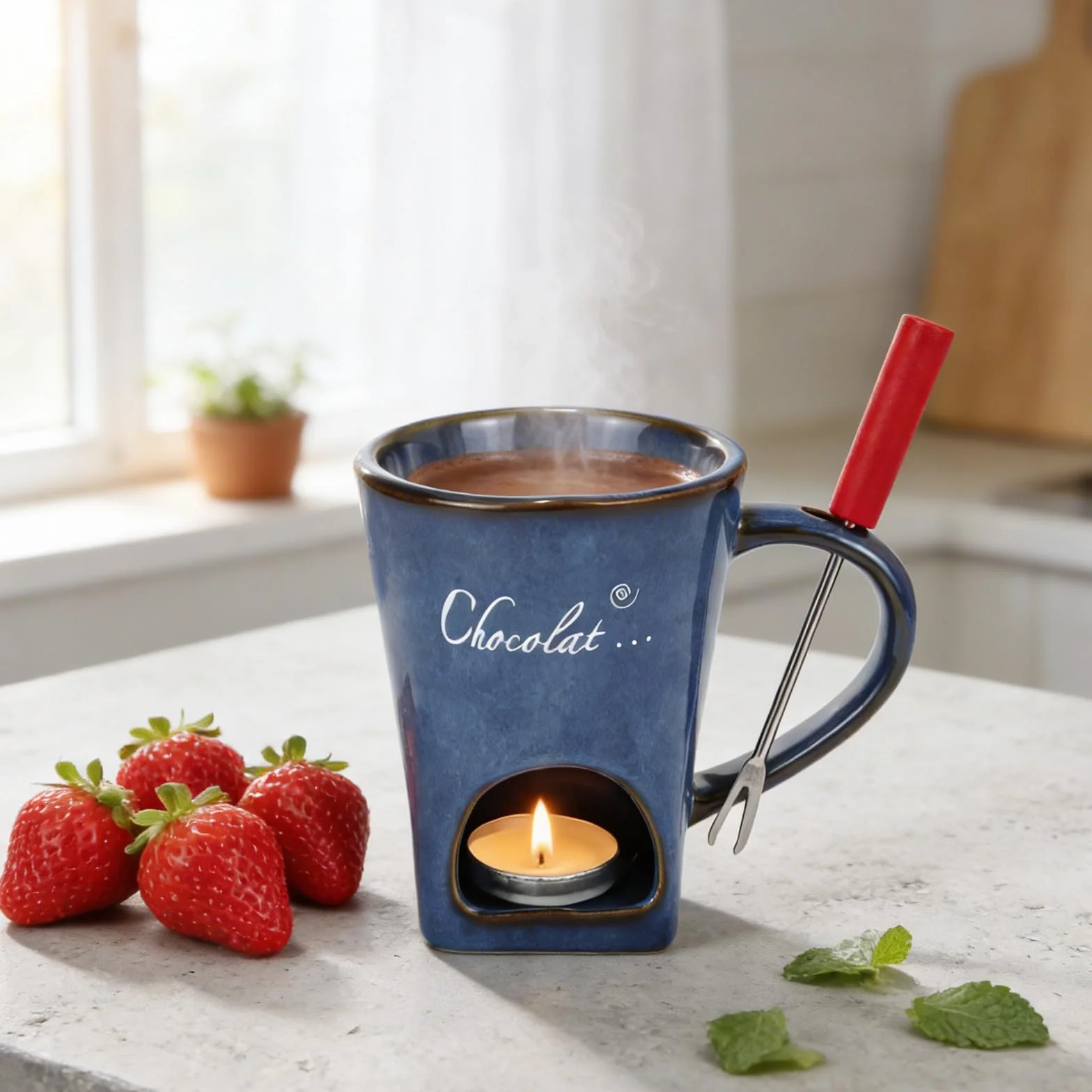 Juego de fondue de chocolate 130 ml de cerámica con tenedor