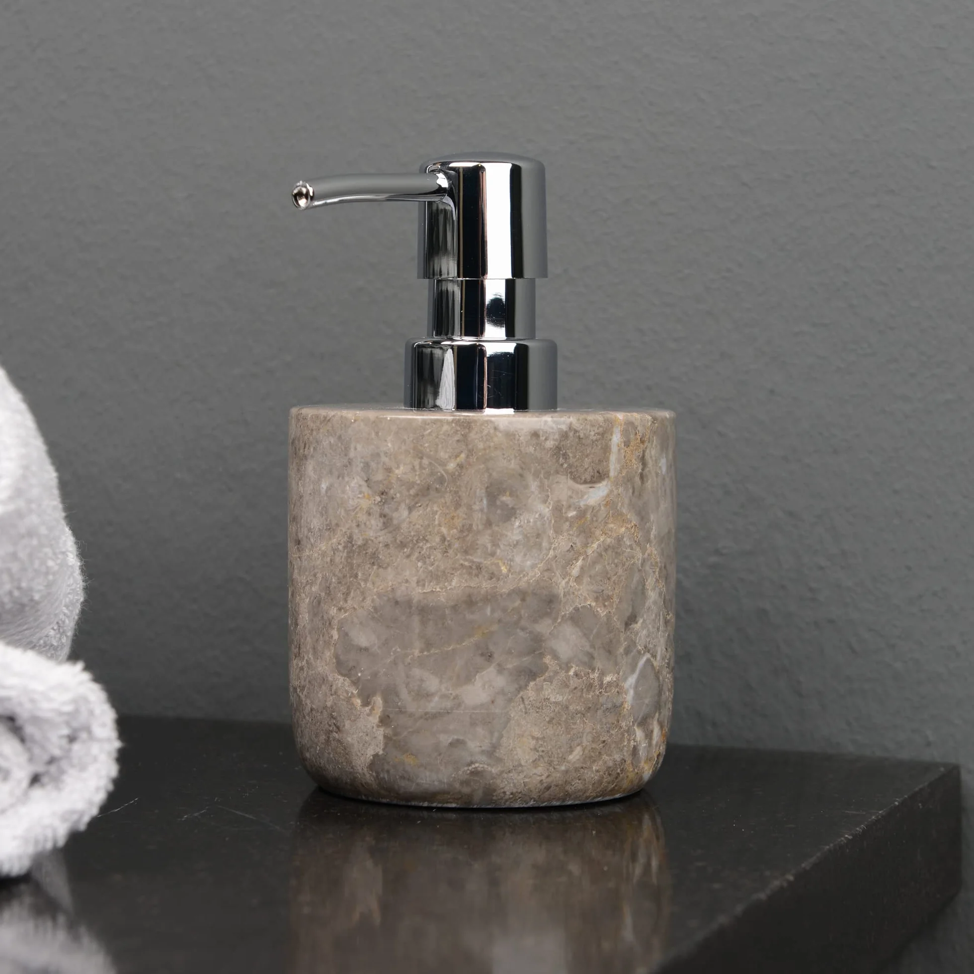 Dispensador de jabón de mármol gris redondo, 15 cm, dispensador dosificador rellenable de piedra natural