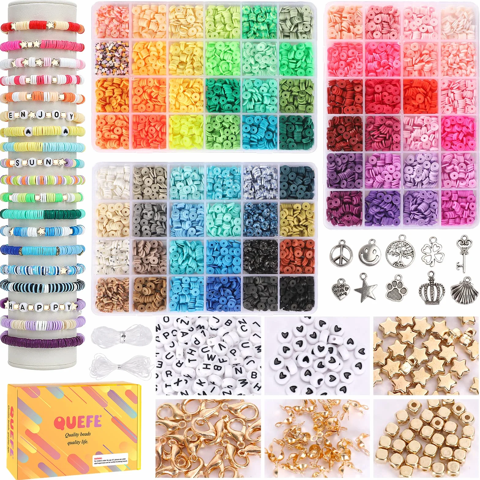 QUEFE Kit de fabricación de pulseras de 9000 cuentas de arcilla, cuentas de amistad de 72 colores, cuentas Heishi de polímero con dijes para hacer joyas, regalos, manualidades, preppy