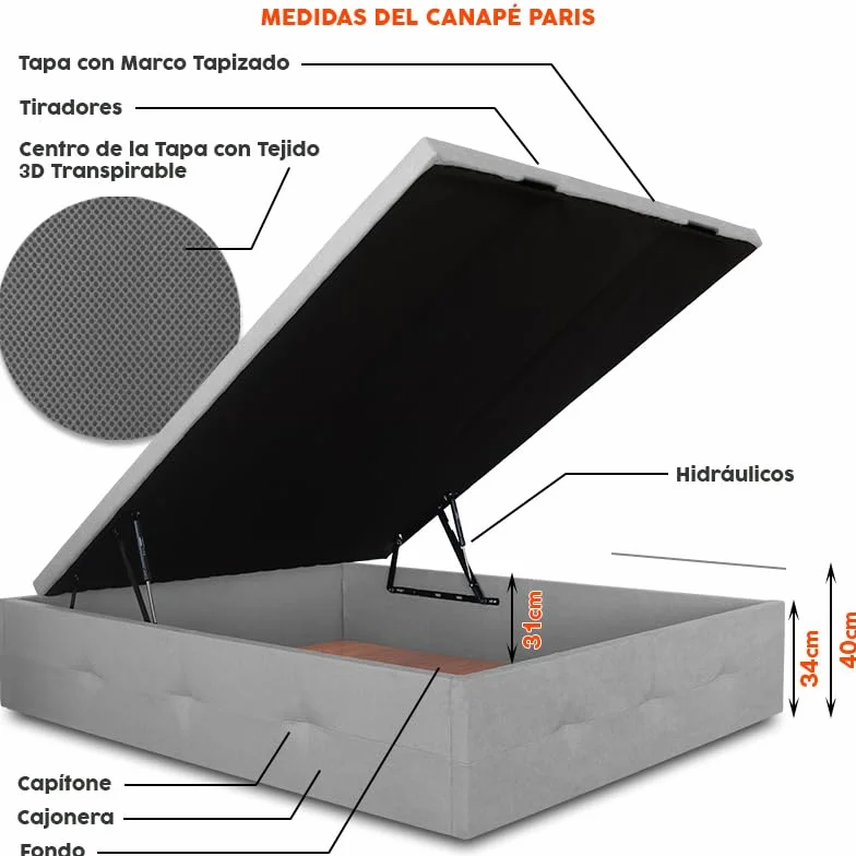 Ventadecolchones - Canapé Abatible París Gran Capacidad Tapizado en Polipiel Blanco Roto Medida 150 x 200 cm