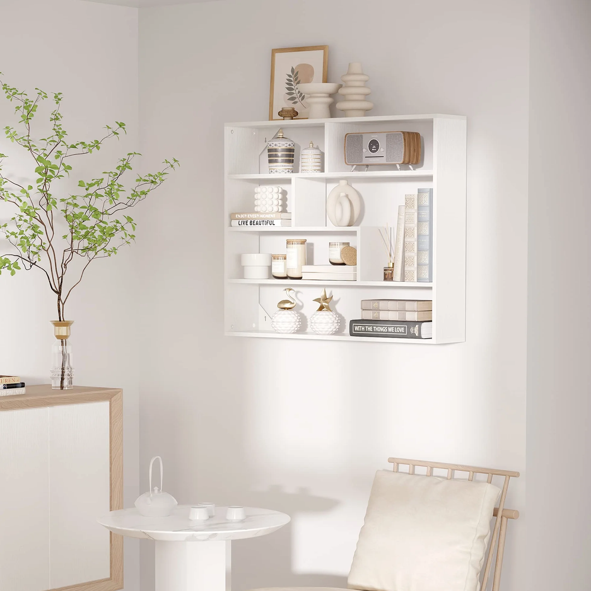 HOMCOM Estantería de Pared 4 Niveles Balda Flotante 94x19,5x80 cm Blanco | 7 Compartimientos Abiertos, para Salón Dormitorio Oficina, Estilo Moderno