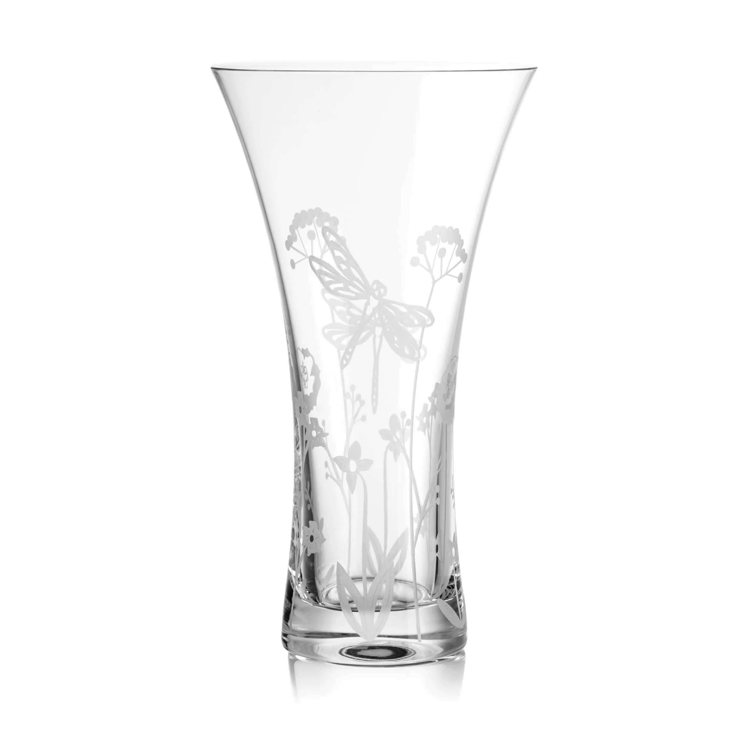 DIAMANTE Jarrón de cristal con diseño de libélula, cortado a mano, diseño floral de vida silvestre, 25 cm, en caja de regalo