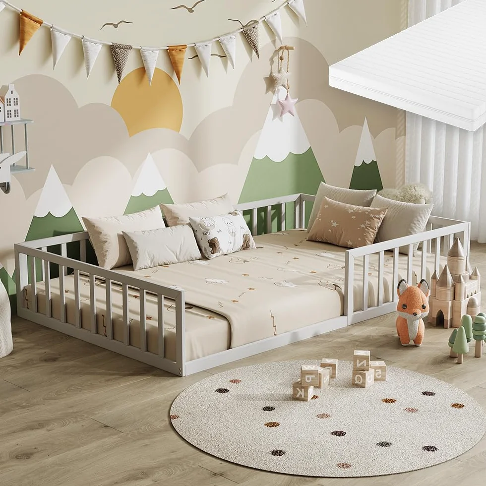 VitaliSpa Cama Baja Minno 120x200 cm, Cama Infantil Montessori de Metal con Barrera de Seguridad y colchón, Blanco