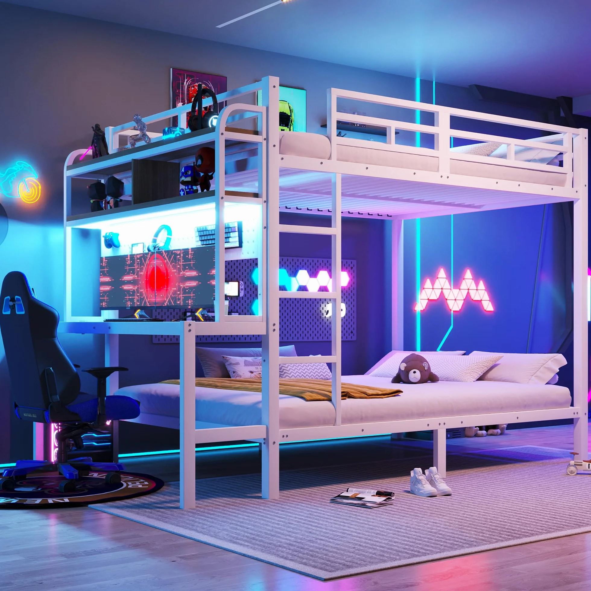 Litera de metal de 140 x 200 cm, con tira de luz LED y conector USB, escritorio, barandilla de seguridad, escalera, marco de hierro, cama alta para niños y jóvenes, sin colchón