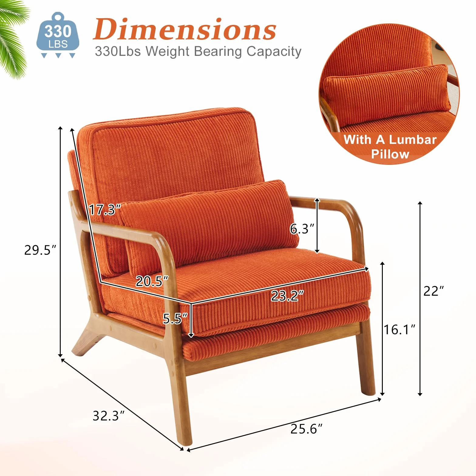 Bonnlo Sillón Butaca Individual de Salón, Estilo Nórdico Retro, Tapizado de Pana Acanalada Suave, Estructura de Madera Maciza, Cojín Incluido, 65×80×78 cm, Carga Máxima 150 kg (Naranja)