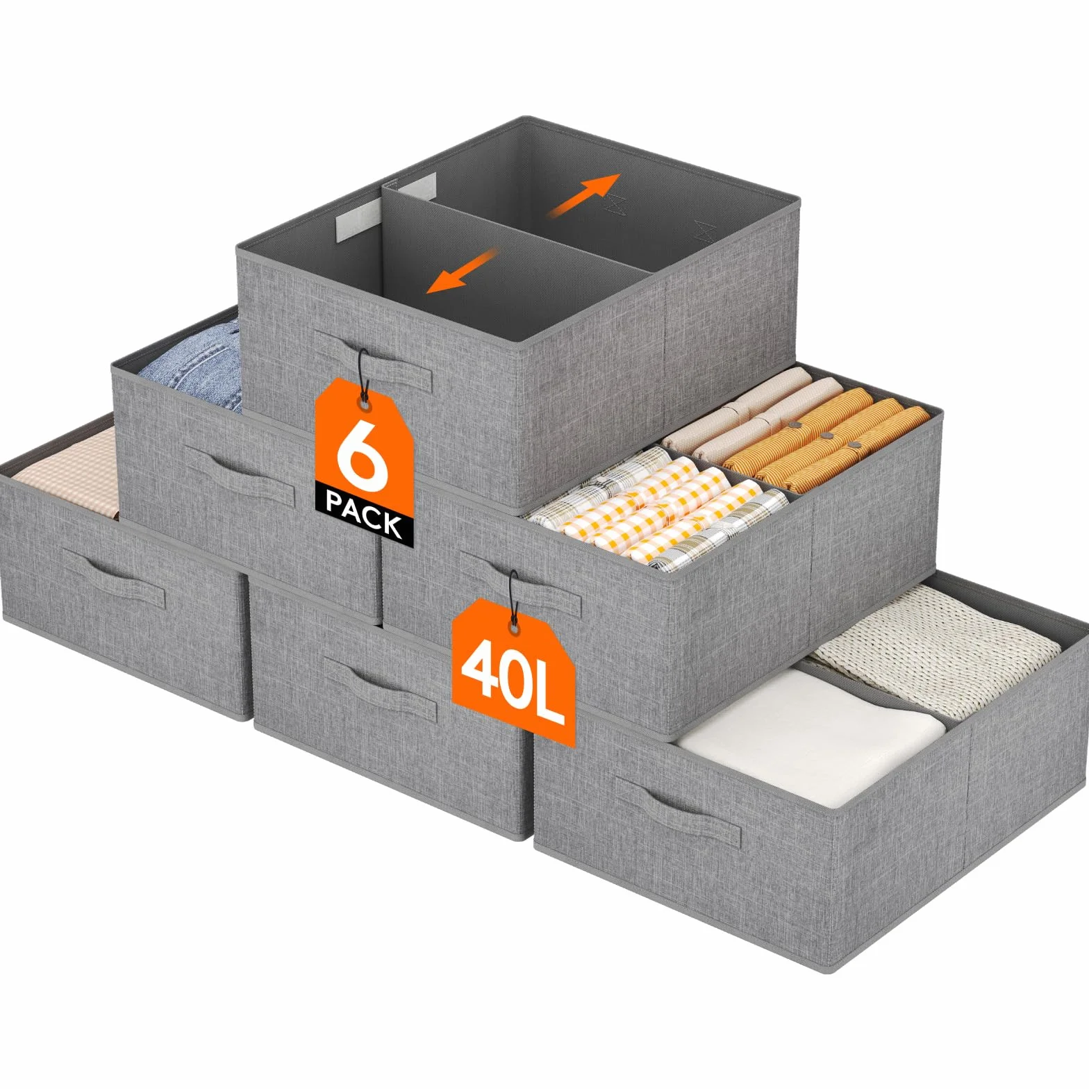 Lifewit Caja Almacenaje Plegables con Tabique, Cajas Organizadoras con Asas para Ropa Sábanas Juguetes, Cubos Almacenamiento Armarios de Dormitorio, 40L (50 x 40 x 20 cm), Juego de 6