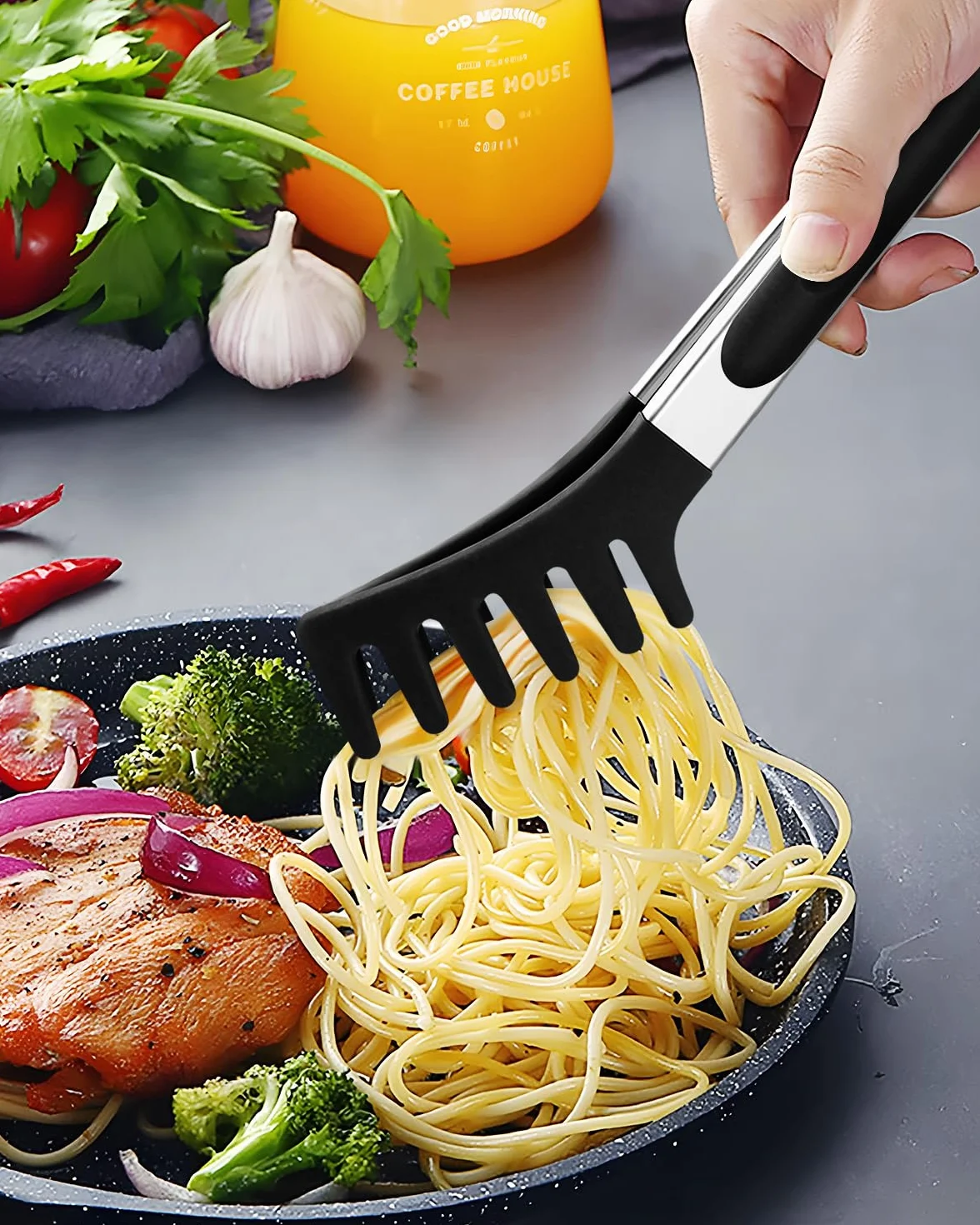 Cuchara de espagueti y pinza para pasta de silicona antiadherente con mango de acero inoxidable negro