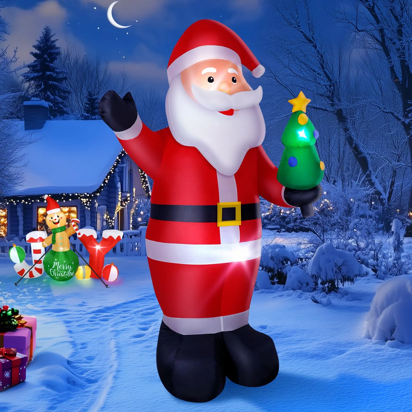Papá Noel Inflable, 244cm Santa Claus Hinchable con Luces LED, Inflador Eléctrico Decoración Navideña para Interiores Exteriores, IP44 Impermeable -1000mAh/12W