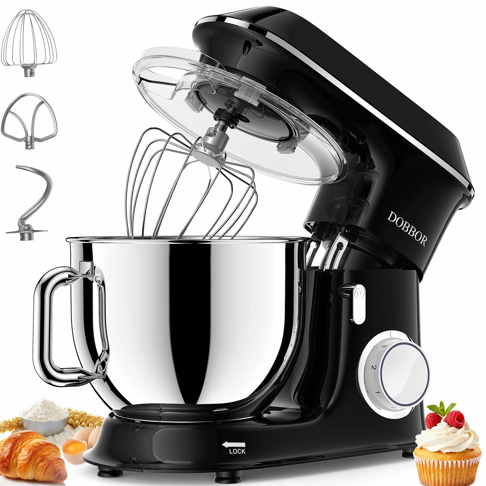 9.5L Batidora Amasadora, DOBBOR 1500W Profesional Movimiento Orbital Robot de Cocina Amasador 5 Funciones (Amasar, Batir, Mezclar, Montar, Emulsionar), 7 Velocidades, Bol de Acero Inoxidable