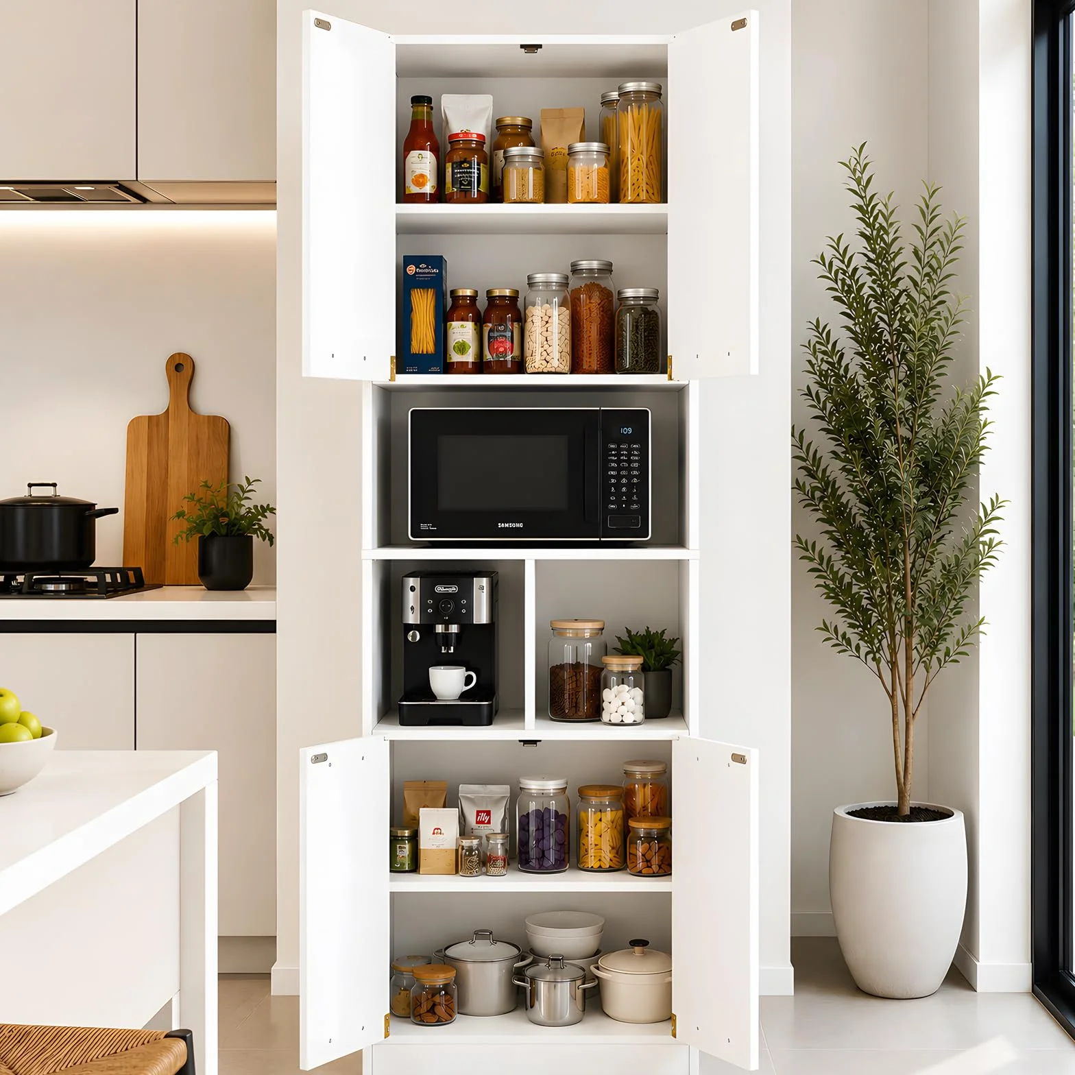 Armario Multiusos Blanco con 4 Puertas, Mueble Auxiliar de Cocina y Armario Despensa, Armario Oficina con Estantería, Armario 60 cm Ancho y 40 cm Profundidad