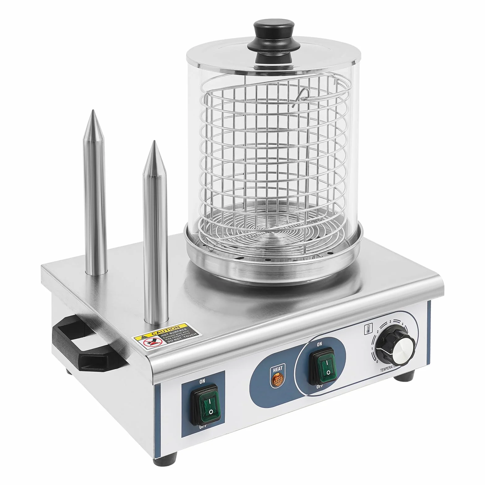 Hot Dog Maker, Bockwurstwärmer, 3 Heizspieße, Temperaturregler 0~85℃, Edelstahlkäfig: Ø 16 cm, Edelstahlgehäuse Profi Wurchenkocher, Silber