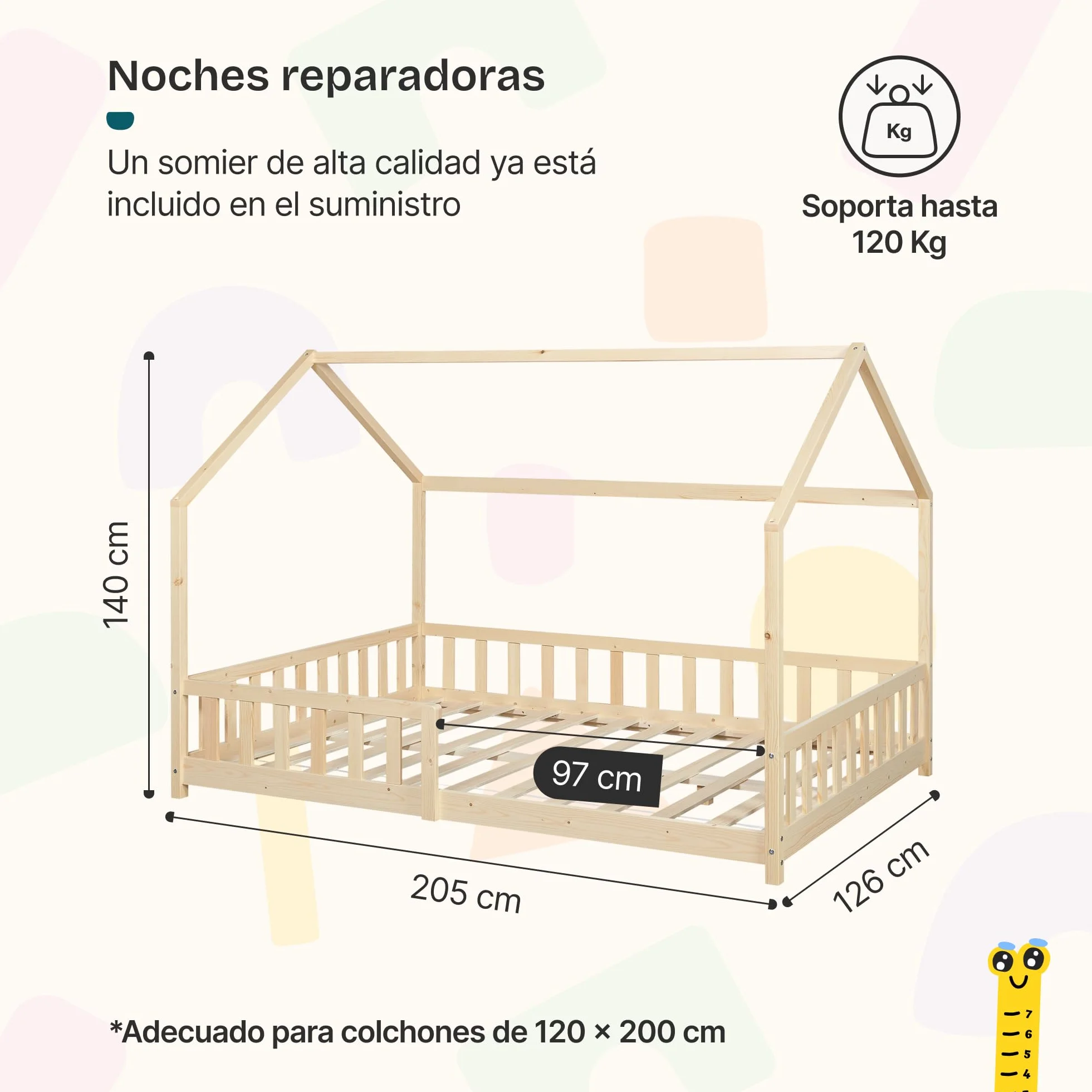 [en.casa] Cama para Niños Hesel Decorativa Cama Infantil Individual con Somier y Barandilla Estructura en Forma de Casa Estilo Montessori Madera de Pino 120 x 200 cm - Efecto Madera